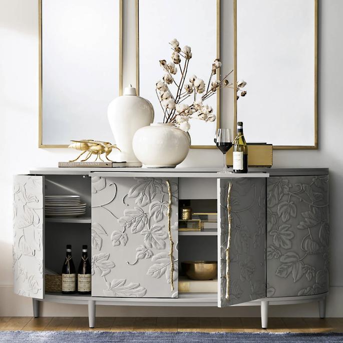 Hand Carved Wooden Buffet with Imagined World Design - Unique Credenza for Dining Room & Living Room Decor
