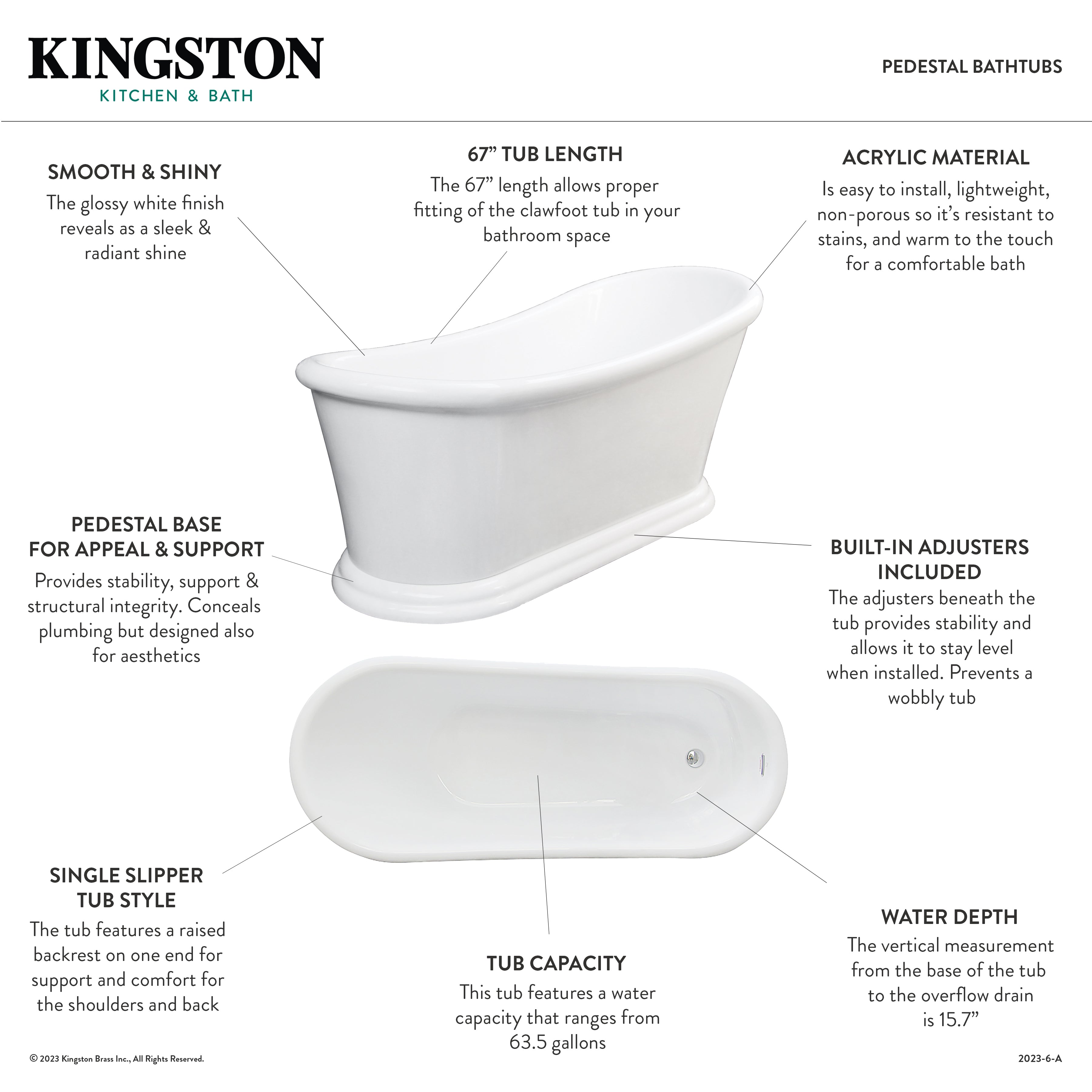 Aqua Eden VTSS672929 67-Inch Glossy White Acrylic Oval Single Slipper Pedestal Bathtub with Drain (No Faucet Holes) - Perfect for Luxury Bathrooms & Spa Retreats
