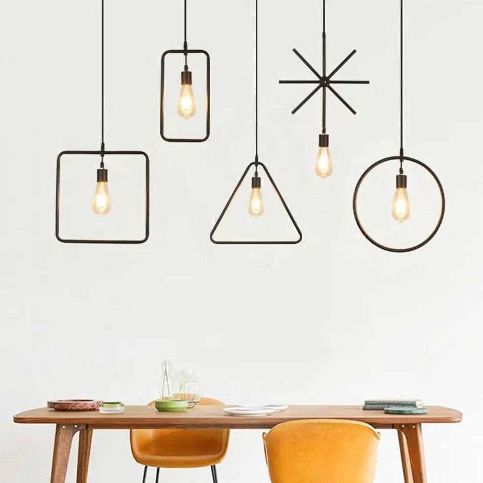 Modern Black Industrial Pendant Light with Rope Geometric Frame - Vintage Ceiling Lighting for Kitchen, Dining Room, Bar & Loft Decor