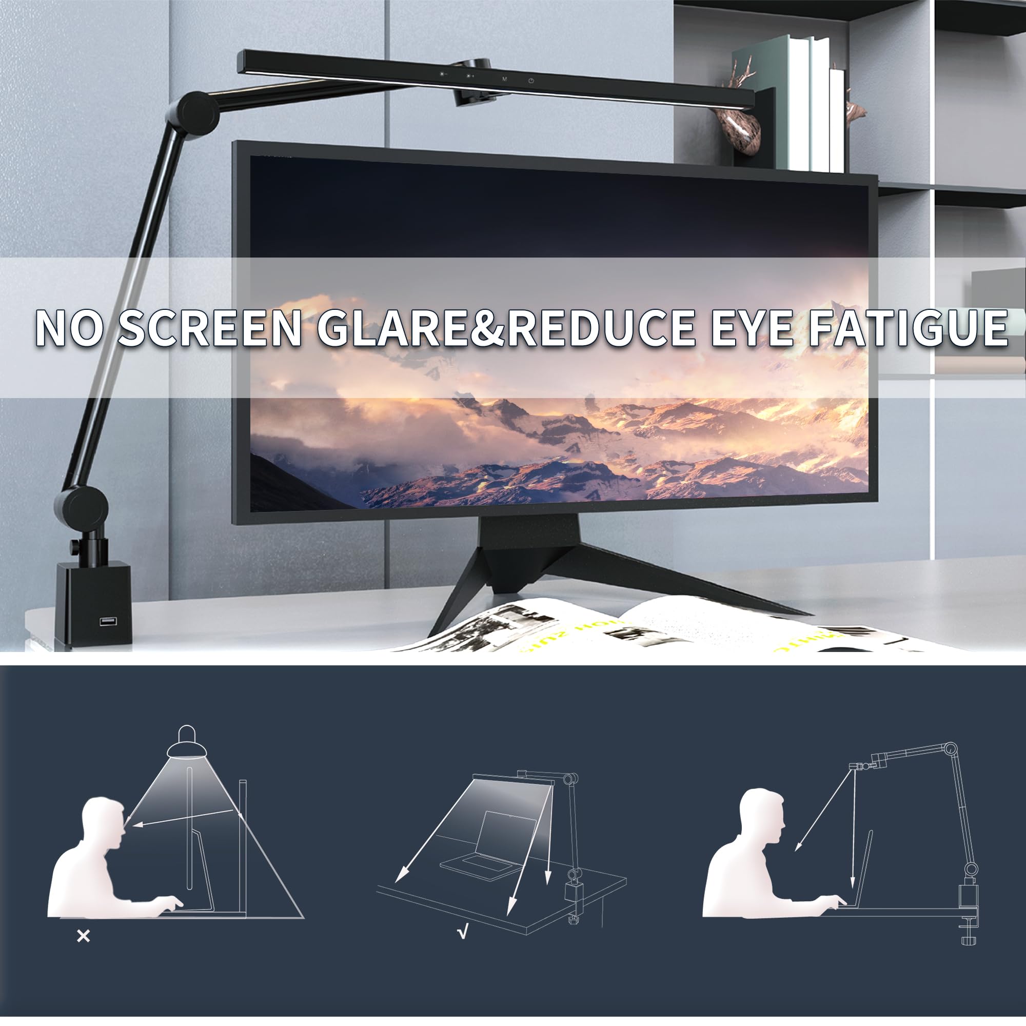 LED Desk Lamp with Clamp - Adjustable Monitor Light Bar for Eye Protection, 5 Modes & 20 Brightness Levels, Ultra HD Bright Table Light for Reading, Studying, Office Work - Reduces Screen Glare & Eye Fatigue