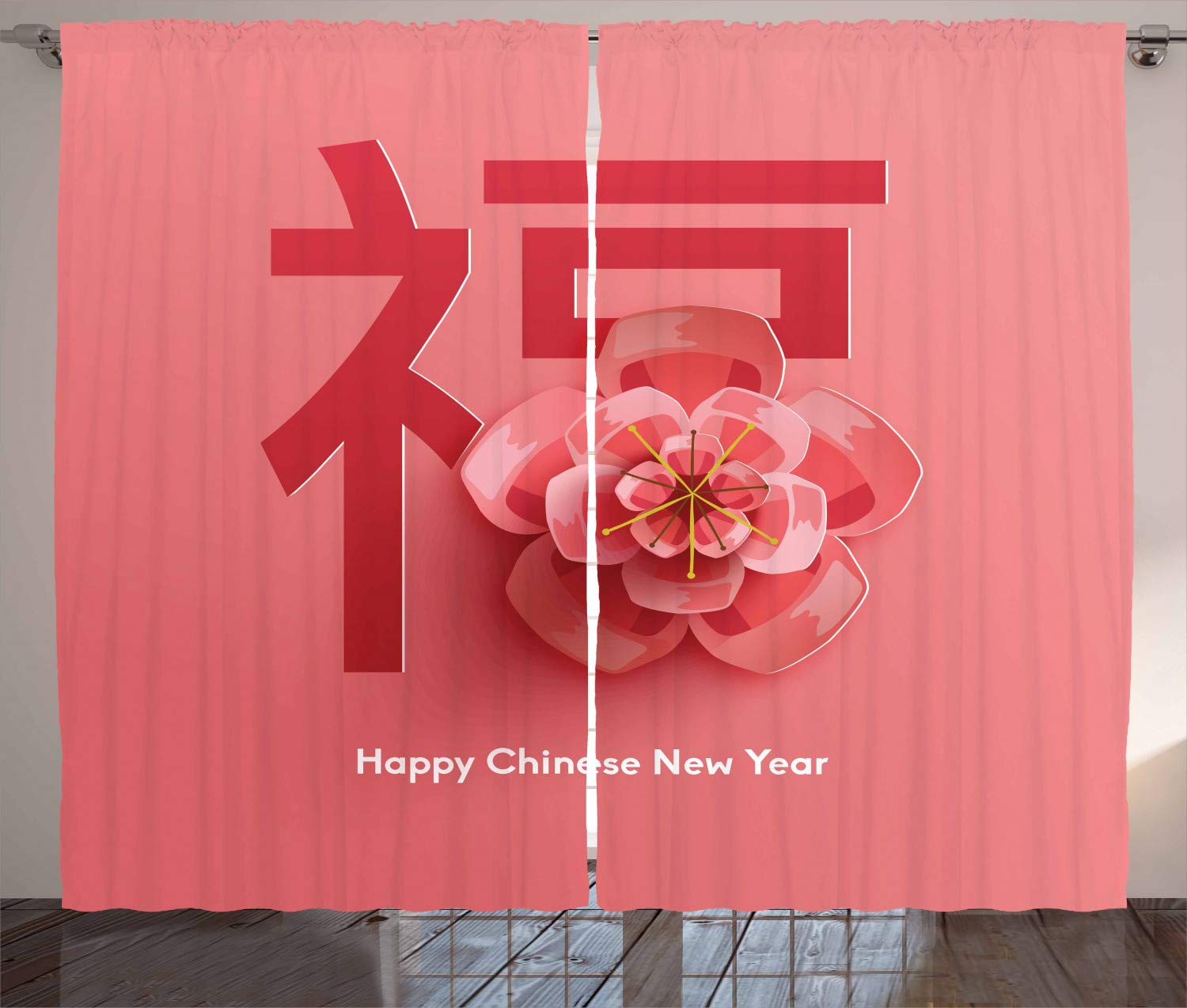 Ambesonne Chinese New Year Curtains - Floral Celebration Design in Pink & Coral Shades, Traditional Window Drapes for Living Room & Bedroom, 2 Panel Set 108