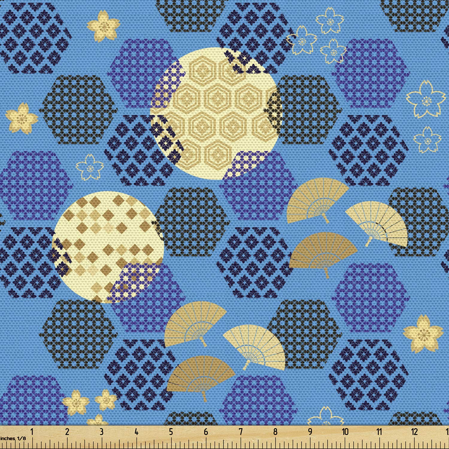 Ambesonne Japanese Fabric by The Yard - Folkloric Hexagon Ethnic Fan & Floral Asian Art Print, Decorative Upholstery Fabric for Sofa, Curtains, Pillows - 10 Yards Azure Blue Multicolor - Perfect for Home Decor, DIY Crafts & Asian-Themed Interior Design