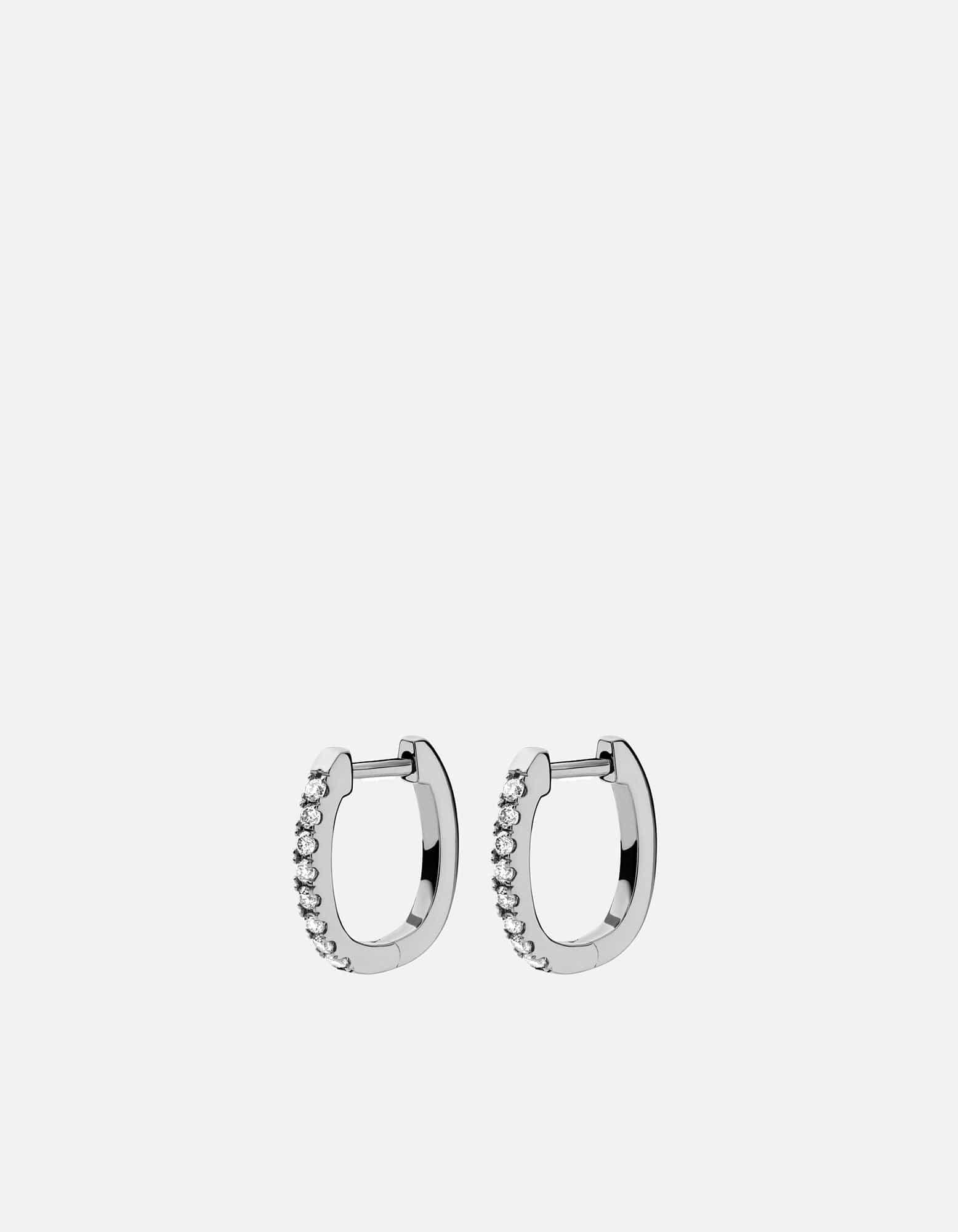 14k White Gold Pavé Linear Huggie Earrings - Minimalist Hoop Earrings for Everyday Wear, Gift for Her, Wedding & Special Occasions