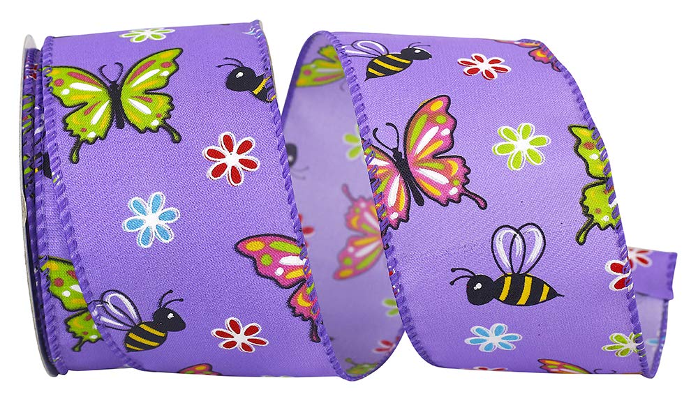 Bright Purple Wired Butterfly & Bees Ribbon - 10 Yards for Gift Wrapping
