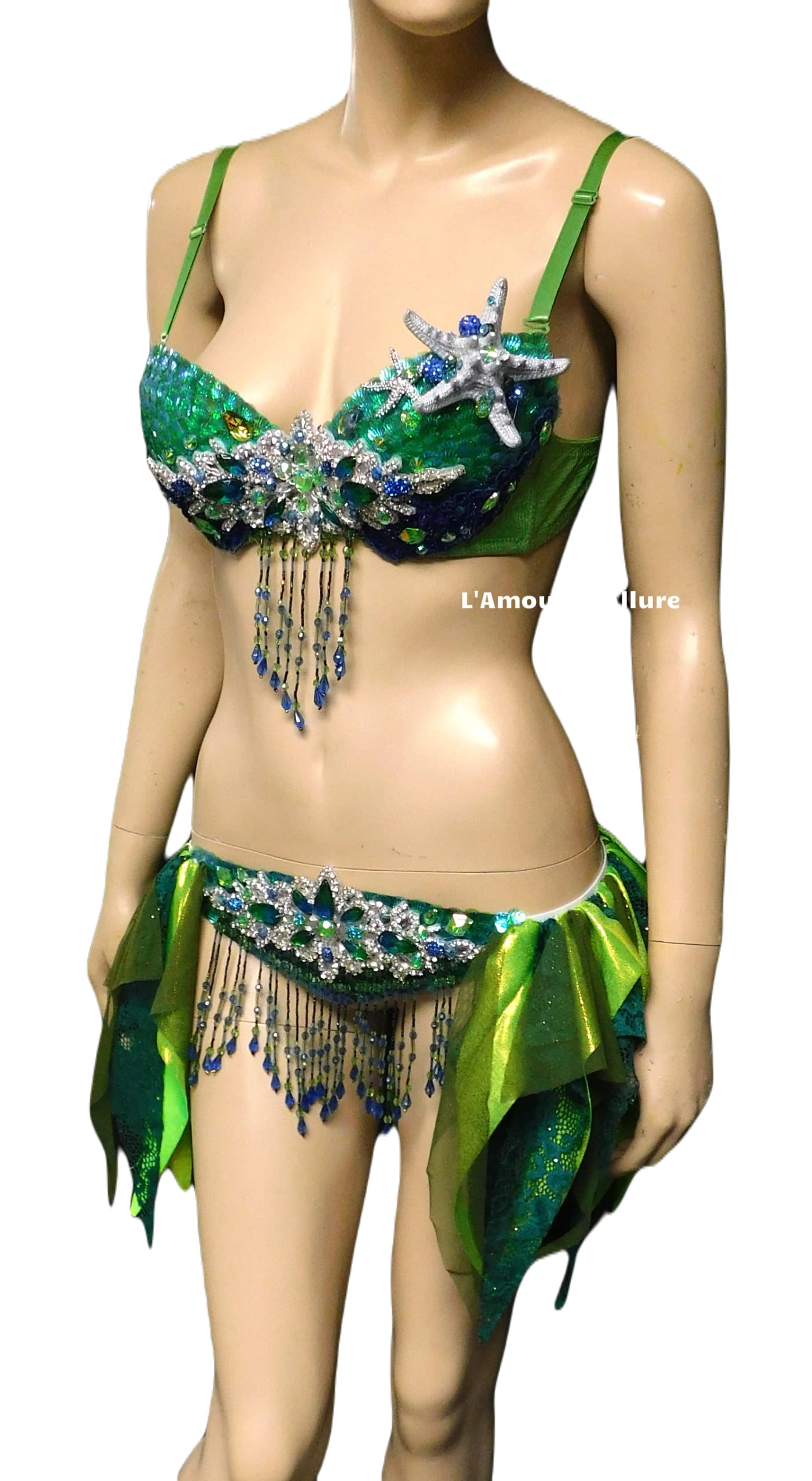 Sparkling Mermaid Bra & Skirt Set - Green, Blue & Silver Sequin Scales for Costume Parties, Halloween & Cosplay