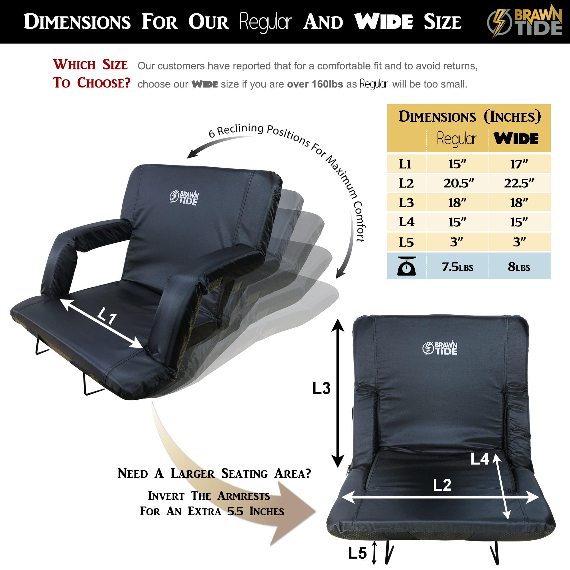 BRAWNTIDE Stadium Seat with Back Support - Comfortable Cushion, Thick Padding, 2 Steel Bleacher Hooks, 4 Storage Pockets, 2 Cup Holders, Reclining Back - Perfect for Sports Games, Beach Outings, Camping Trips & Outdoor Concerts | Portable Bleacher Chair for Baseball, Football, Soccer & Picnics
