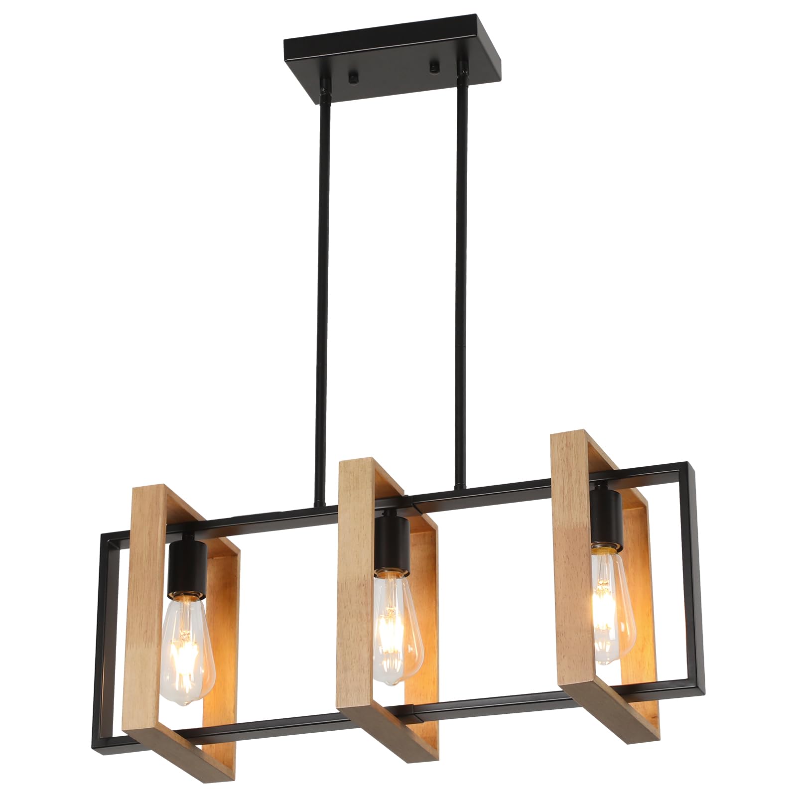 Farmhouse Kitchen Island Pendant Lights - Adjustable 3-Light Black Wood Hanging Fixtures for Modern and Rustic Kitchen Decor