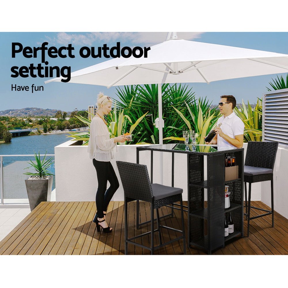 3-Piece Outdoor Bar Set - Patio Dining Chairs with Wicker Table & Stools for Backyard, Garden, Poolside or Deck Relaxation