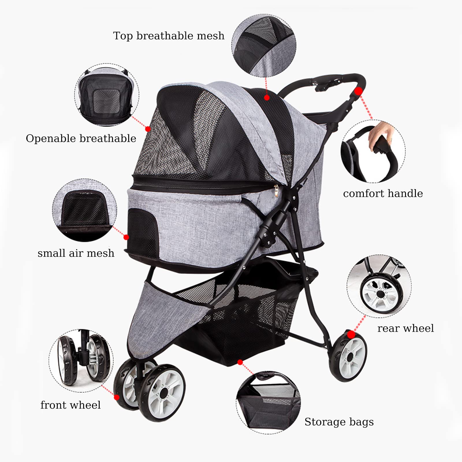3 Wheel Foldable Pet Stroller for Cats & Dogs - Large/Medium Size with Storage Basket & Cup Holder | Perfect for Outdoor Walks, Vet Visits & Shopping Trips