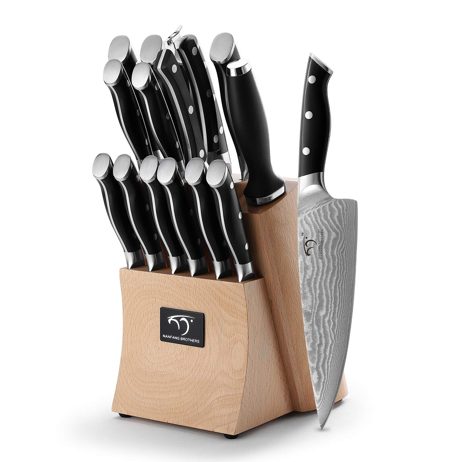 Premium Damascus Steel Kitchen Knife Set - 15-Piece Chef Knives with Wood Block, Ergonomic ABS Handles, Steak Knives, Knife Sharpener & Shears - Perfect for Home Cooking, Professional Chefs & Gift Giving