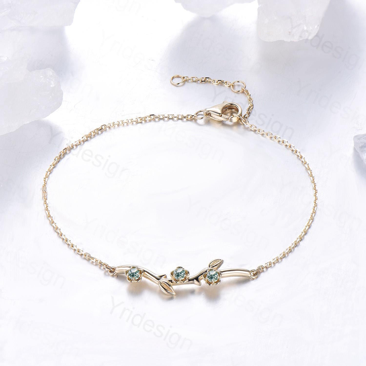 Elegant Green Moss Agate Bracelet with Twig Branch & Leaf Design - Nature Inspired Stackable Jewelry for Women - Perfect Anniversary Gift for Her - Ideal for Daily Wear, Special Occasions & Boho Fashion
