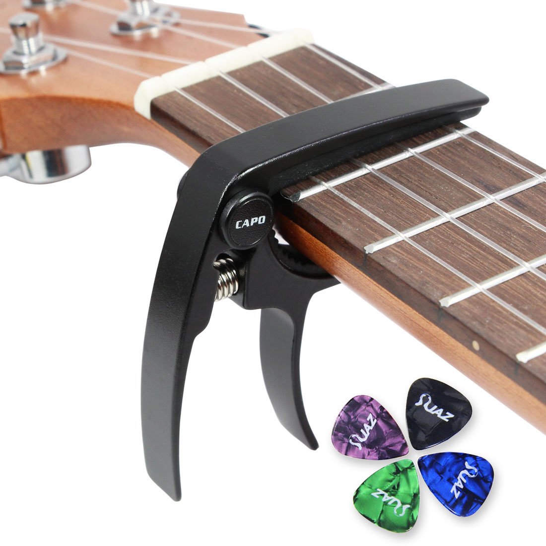 Premium Aluminum Alloy Ukulele Capo for Soprano/Concert/Tenor/Baritone - Lightweight 4-String Uke Clamp with Free Guitar Picks (Black) - Perfect for Live Performances, Practice & Travel