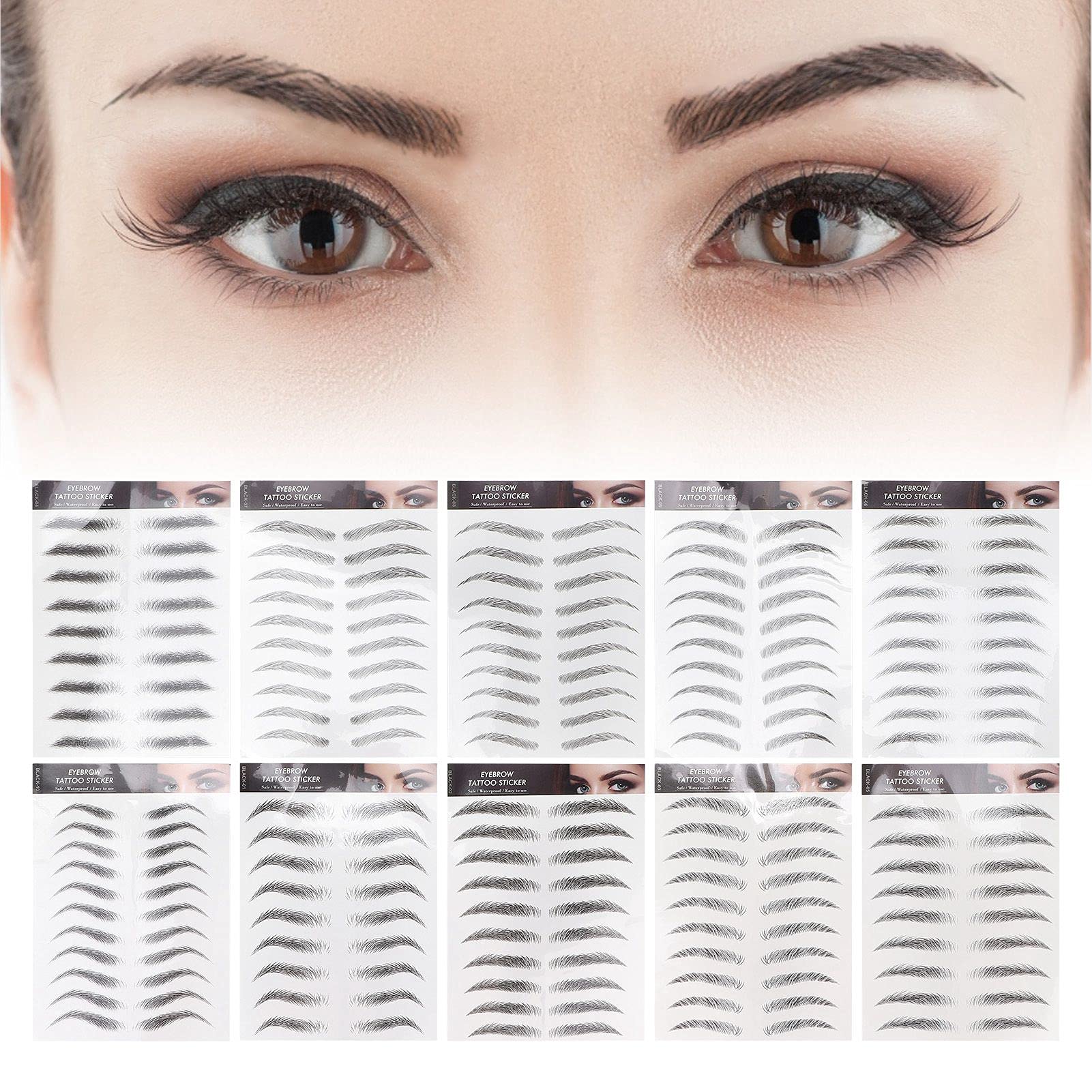 10 Pack 4D Waterproof Eyebrow Stickers - Disposable Temporary False Eyebrow Stencils for Perfect Brows (Black) | Great for Daily Makeup, Cosplay, and Special Occasions