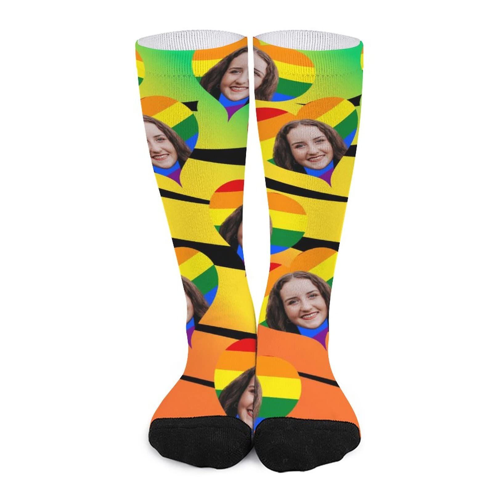 Custom Rainbow Heart Face Crew Socks - 6 Pairs Black Toe Athletic Socks for Men & Women - Moisture-Wicking, Breathable All-Season Performance Socks - Perfect for Running, Gym, Sports & Casual Wear