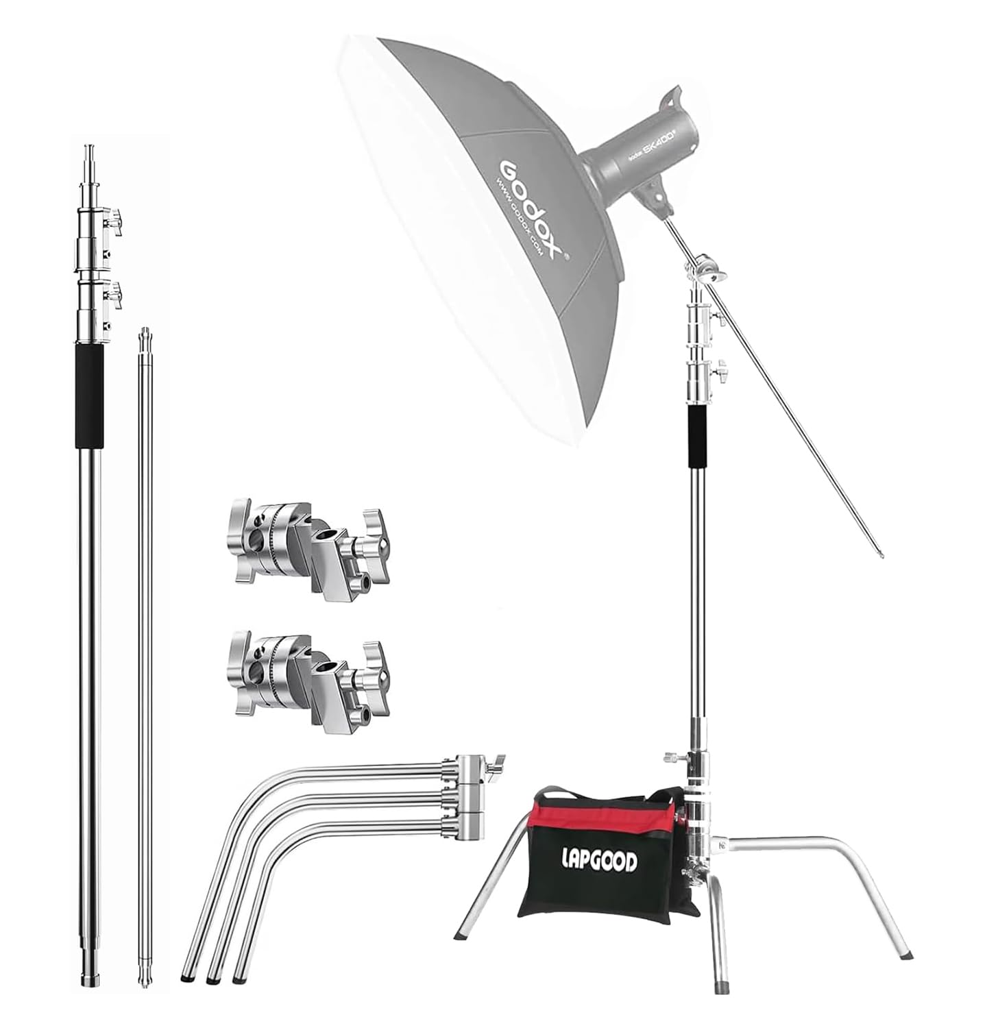 Heavy Duty C Stand with Boom Arm for Photography - 10.8ft/330cm Max Height, 4.2ft/127cm Holding Arm, Silver Stainless Steel Light Stand | Perfect for Studio Lighting, Video Production & Portrait Photography