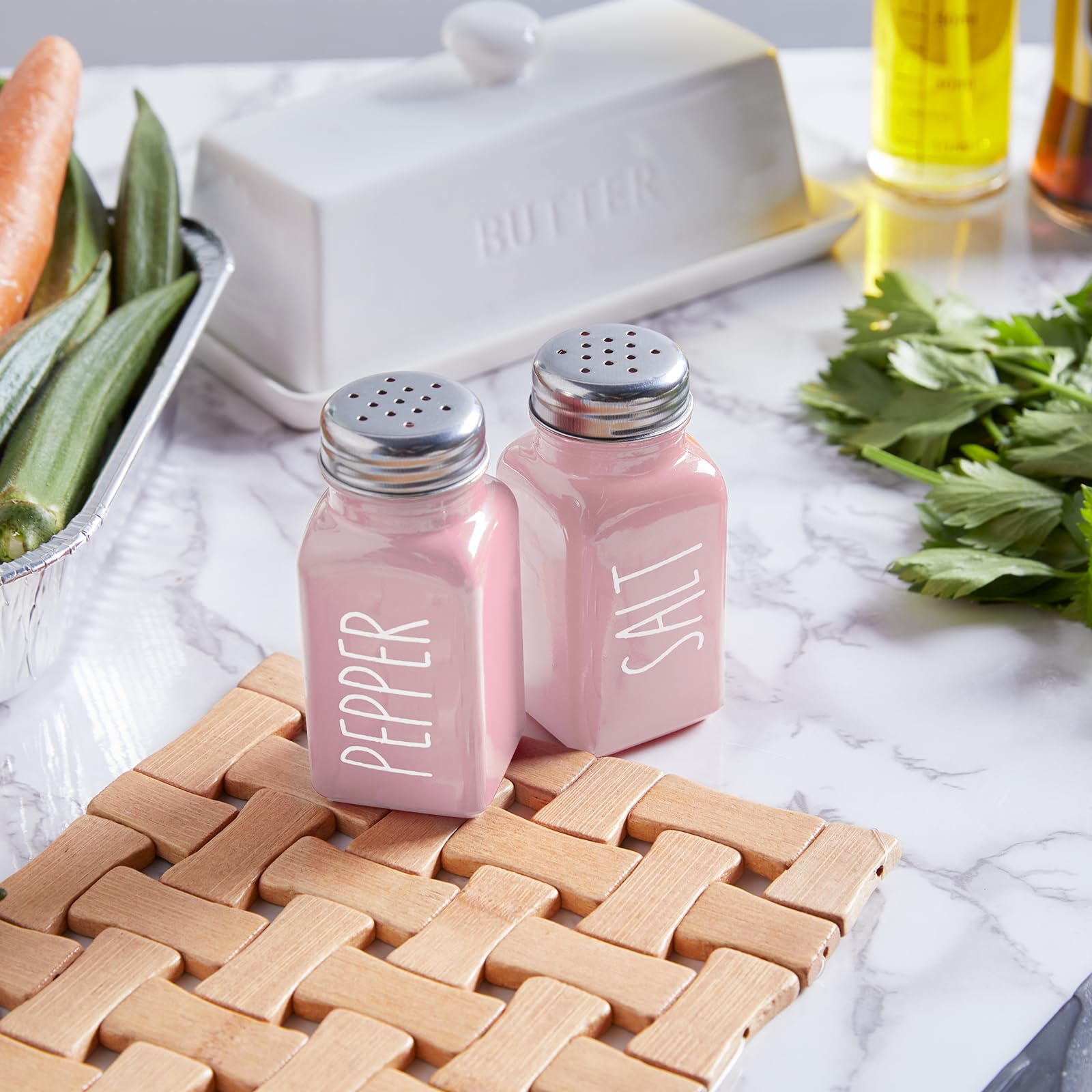 Pink Himalayan Salt and Pepper Shakers Set - Elegant Glass Kitchen Decor for Dining Table, RV Camping & BBQ Accessories - Perfect for Home, Travel and Outdoor Cooking