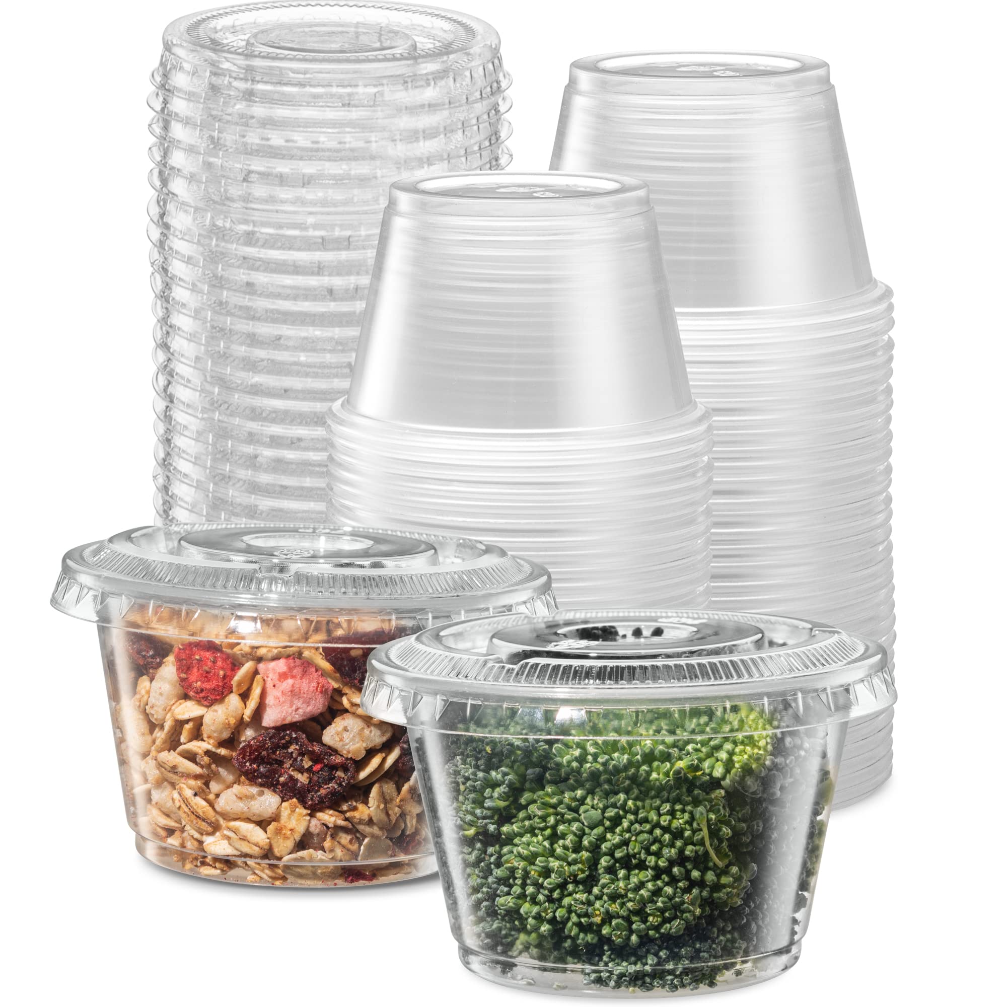 4 oz - 100 Sets Clear Disposable Plastic Portion Cups with Lids | Small Mini Containers for Portion Control, Jello Shots, Meal Prep, Sauce, Slime, Condiments, Medicine, Dressings & Crafts | Perfect for Parties, Restaurants, Home Kitchen & DIY Projects