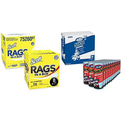 Scott Rags In A Box (75260) - 200 White Shop Towels per Box, 8 Boxes per Case | Scott Shop Towels Original (75130) - Blue Industrial Towels, 1 Roll per Pack, 30 Packs per Case | Perfect for Automotive, Workshop & Industrial Cleaning