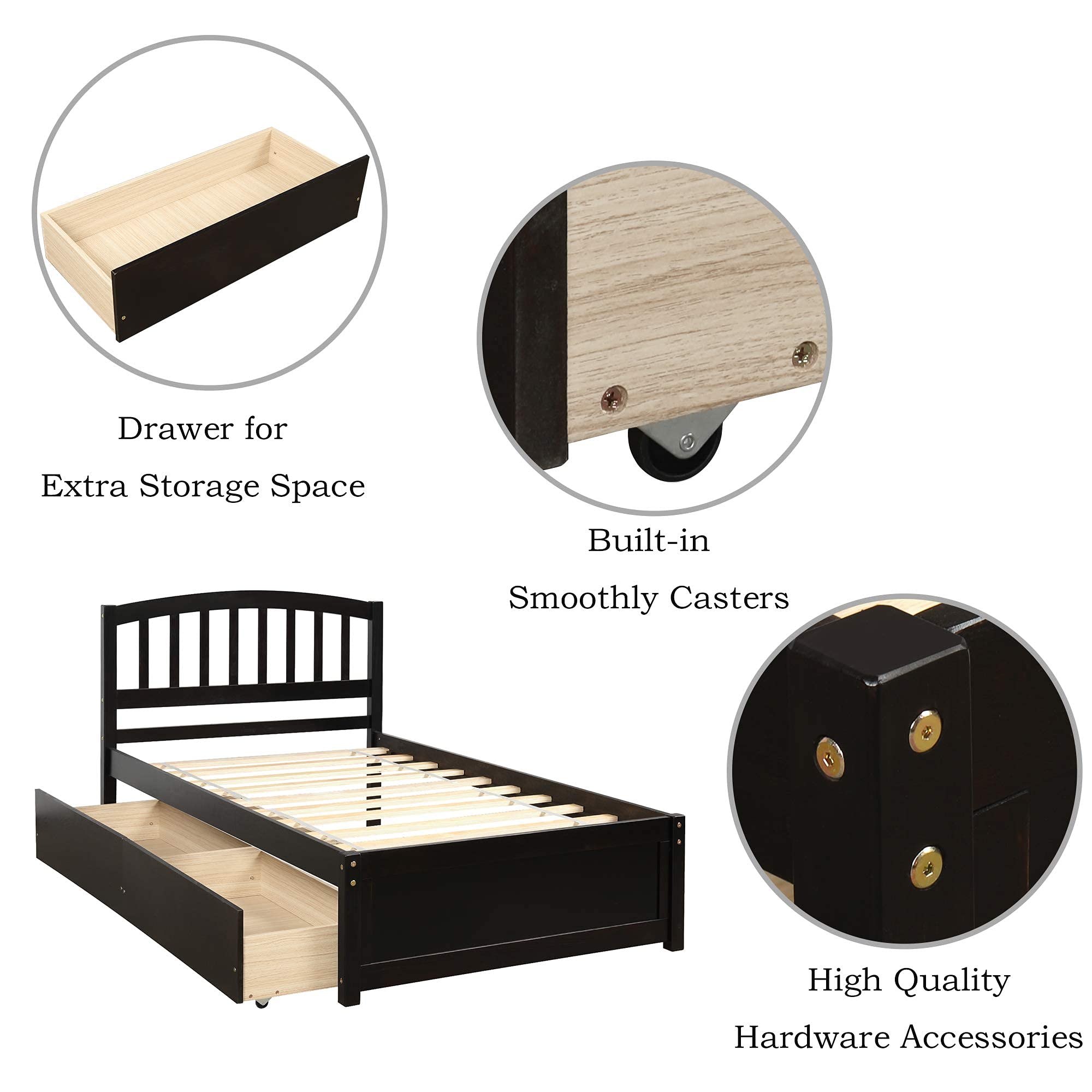 Harper & Bright Designs Twin Storage Bed Frame with 2 Drawers & Headboard - Wood Platform Bed in Espresso Finish - Perfect for Kids Rooms, Guest Bedrooms & Small Spaces