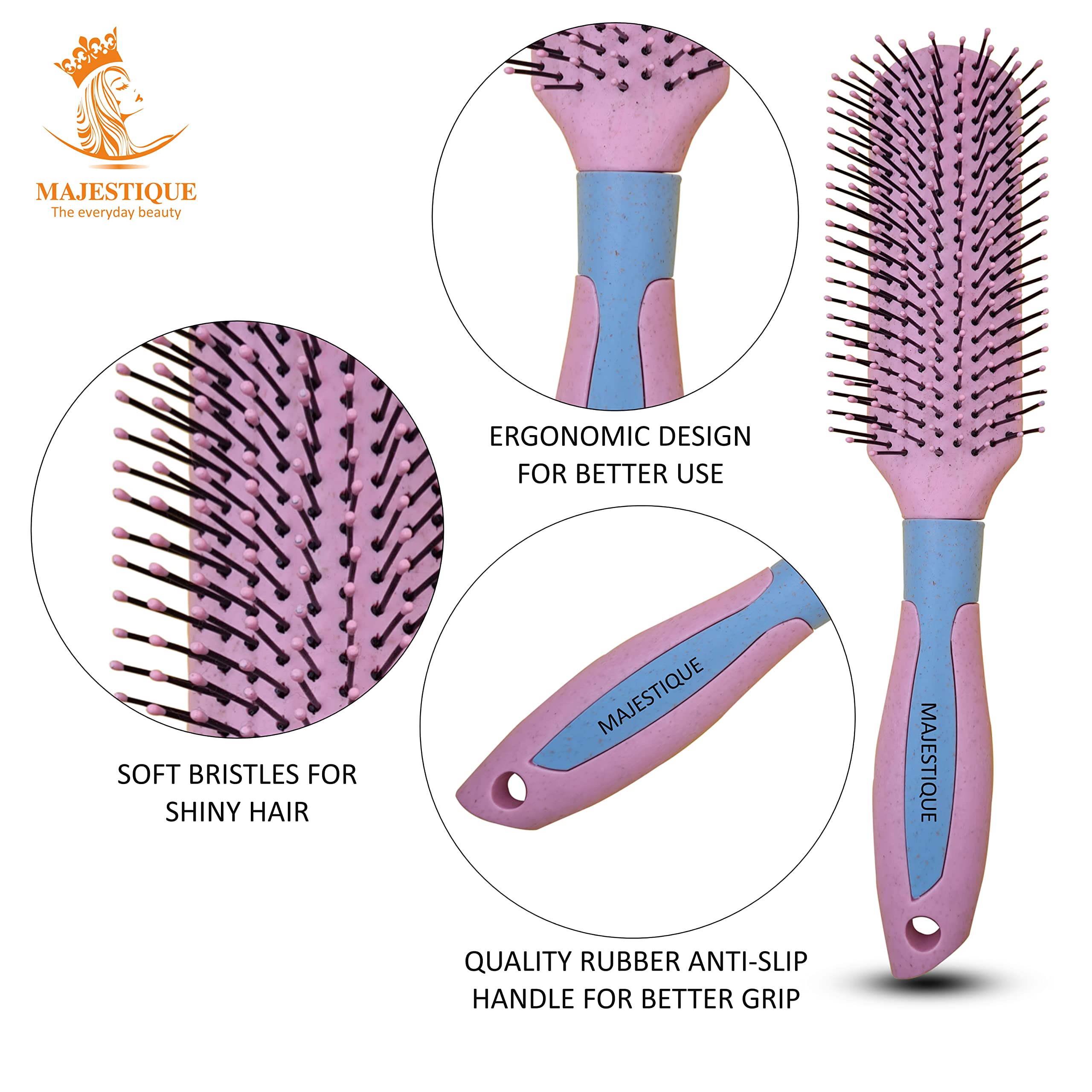 Majestique Hair Comb & Scalp Massager Set - Professional Detangling Brush for Blow Drying, Thick & Short Hair - 3-Pack for Men & Women - Perfect for Salon, Travel & Home Hair Care