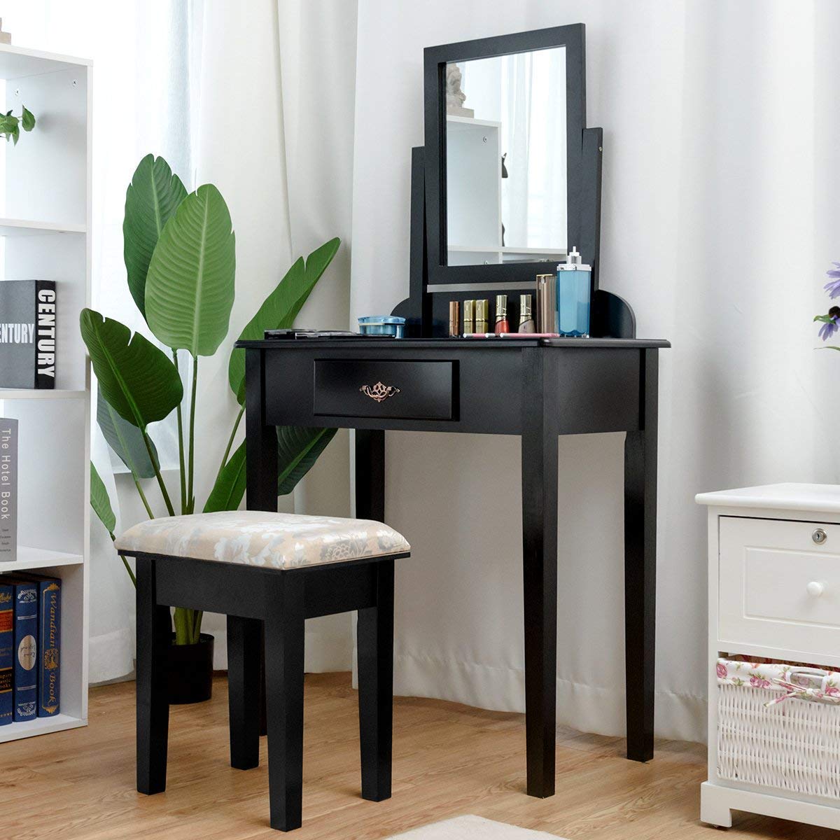 Casart Vanity Dressing Table Stool Set with 360° Rotating Makeup Mirror & Drawers - Solid Wood Legs, Padded Linen Fabric Bench - Perfect for Bedroom Vanity, Makeup Organization & Elegant Home Decor