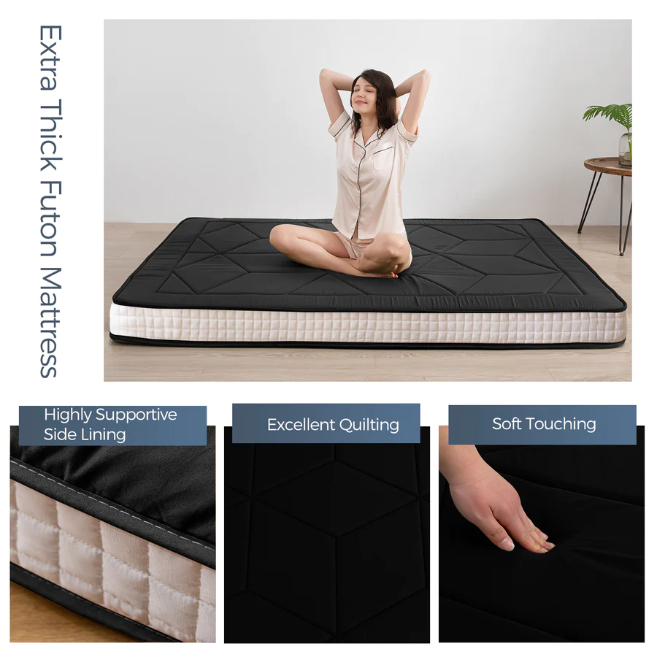 MAXYOYO 6-Inch Extra Thick Floor Futon Mattress - Geometric Diamond Pattern in Black | Foldable Guest Bed, Dorm Room Mattress & Space-Saving Floor Cushion