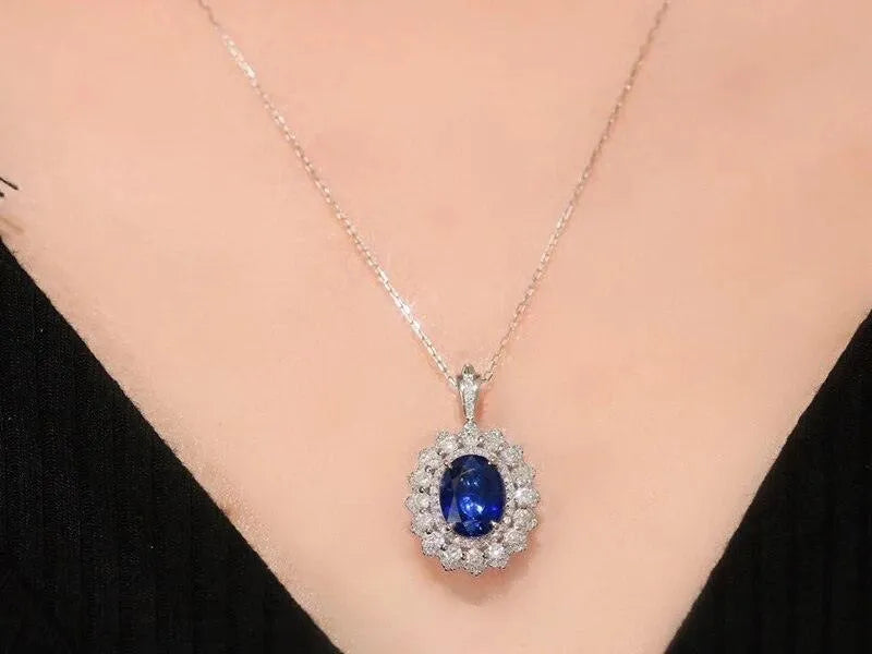 18K White Gold Pendant with Natural Blue Sapphire & Diamond - Luxury Women's Necklace for Wedding, Party & Special Occasions | Elegant Jewelry Gift for Her