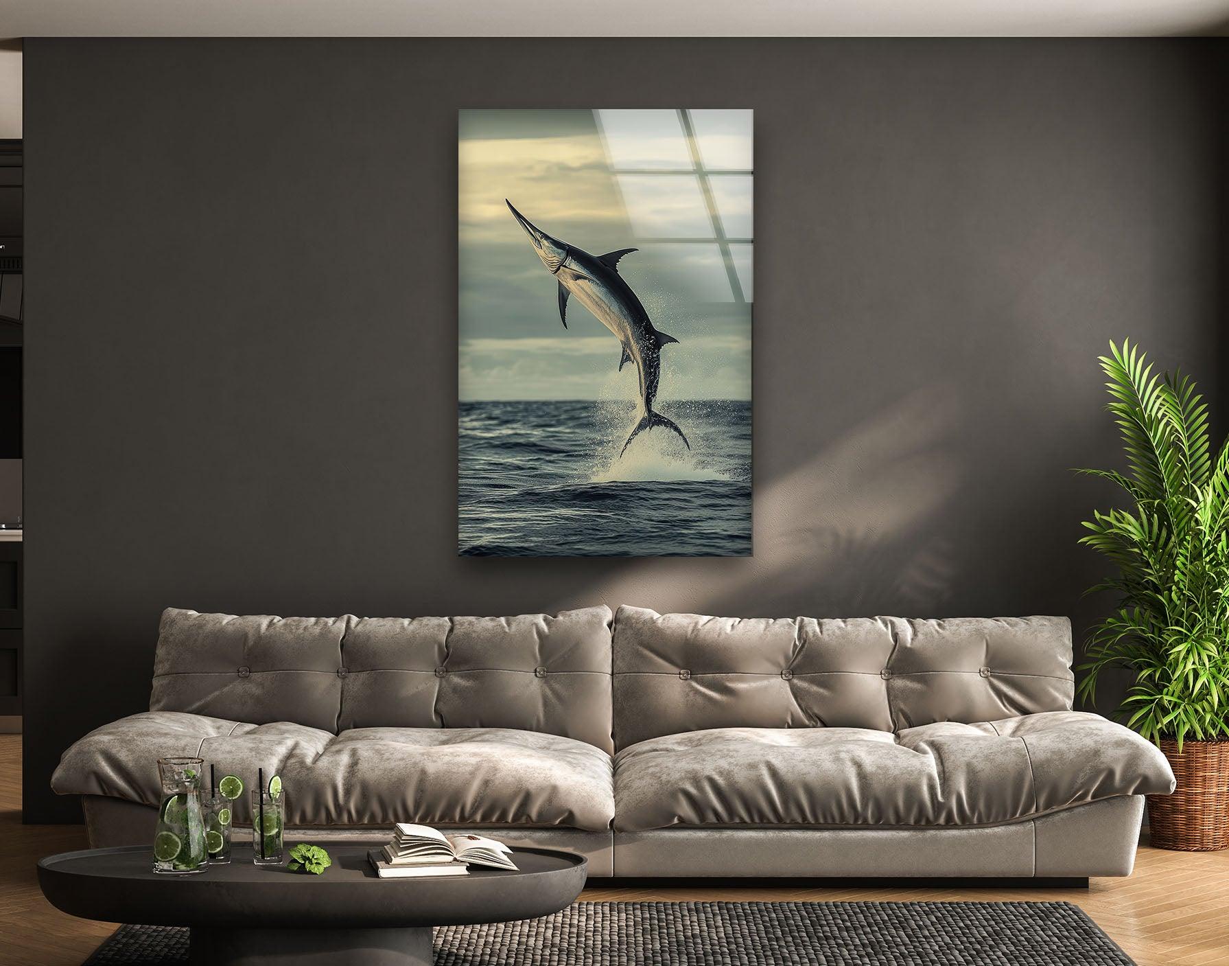 Handcrafted Swordfish Glass Wall Art - Ocean Themed Home Decor for Living Room, Bedroom & Office - Unique Sea Life Gift Idea