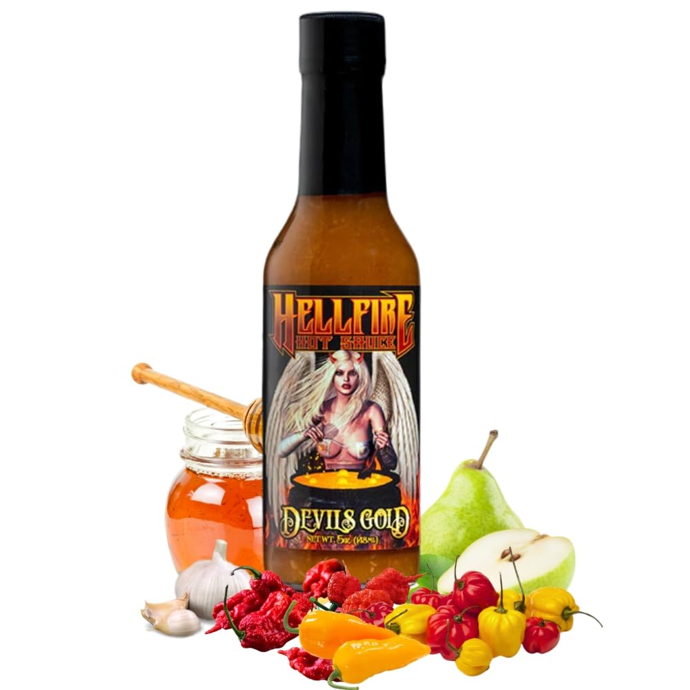 Hellfire Devil's Gold Hot Sauce - Award-Winning Gourmet Hot Sauce with Yellow Super Hot Peppers & Exotic Fruits - Sweet & Spicy Blend - 5 oz Bottle - Perfect for Wings, Tacos, Burgers & BBQ