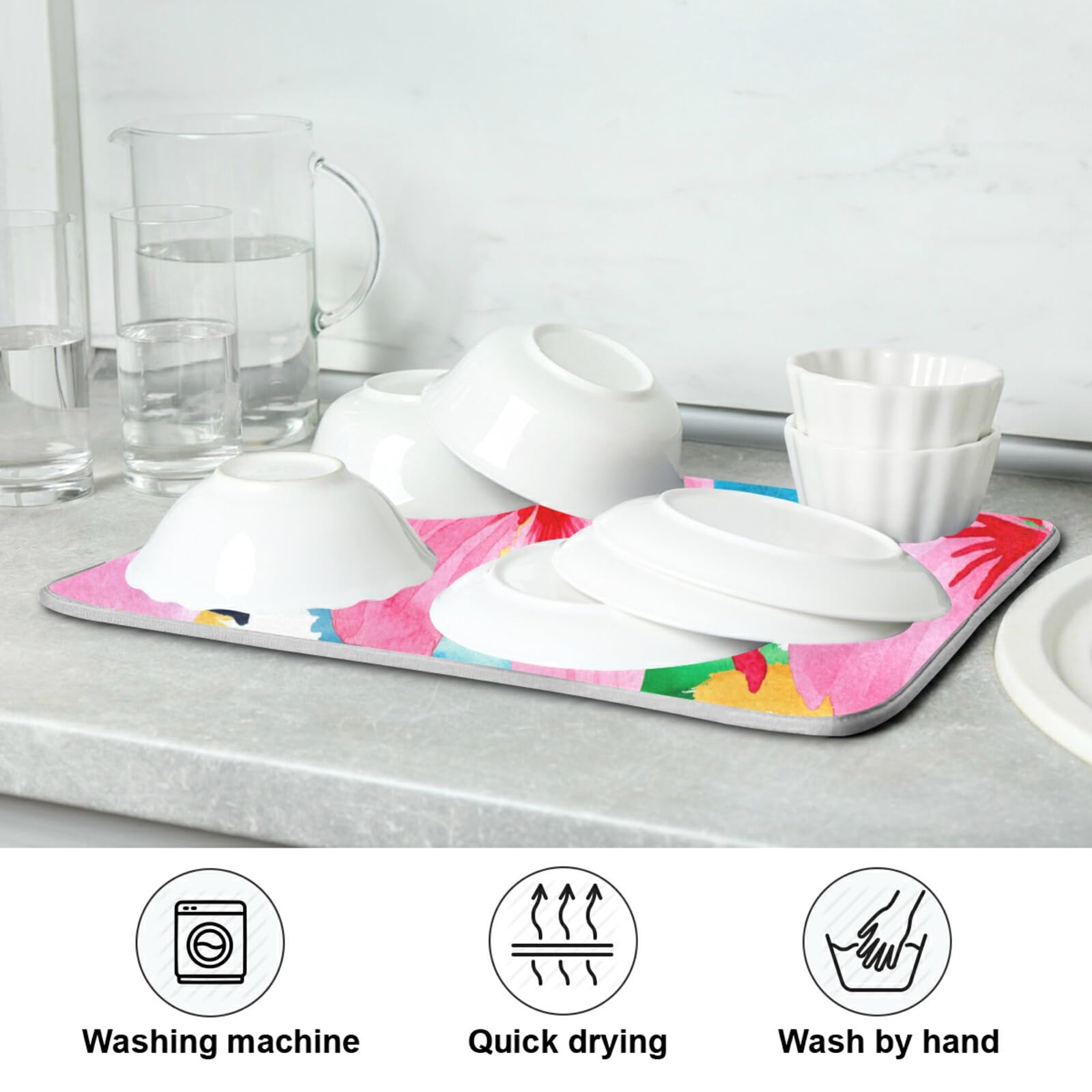 Floral Dish Drying Mat - 18x24 Inch Absorbent Microfiber Kitchen Counter Mat, Washable Dish Rack & Drainer Pad for Dishes, Cups & Utensils - Perfect for Countertop Drying After Washing