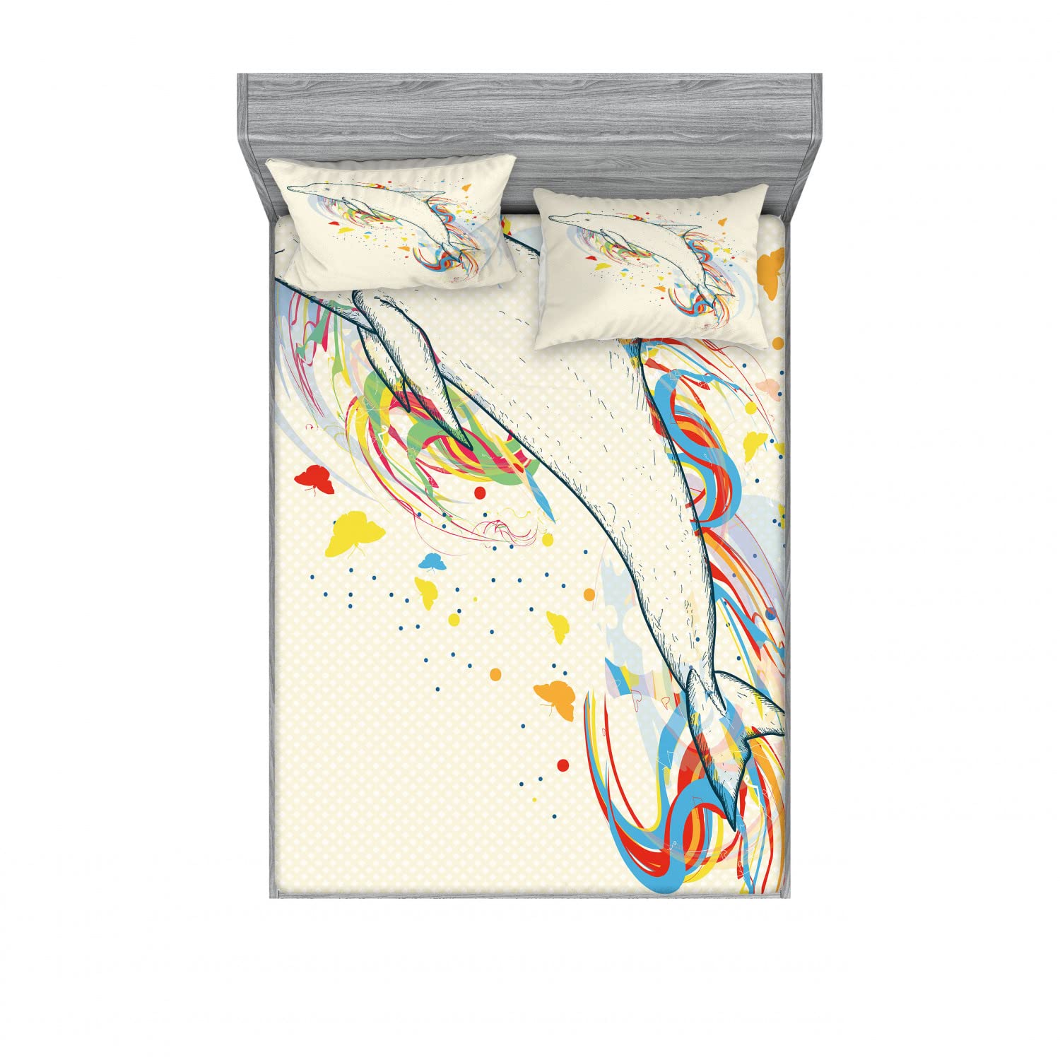 Ambesonne 2-Pack Queen Size Dolphin Print Fitted Sheet Set with 4 Pillow Shams - Vibrant Rainbow Fish Design Bedding Collection for Coastal & Nautical Themed Bedrooms - Perfect for Beach House Decor, Guest Rooms, and Ocean Lover's Home Styling