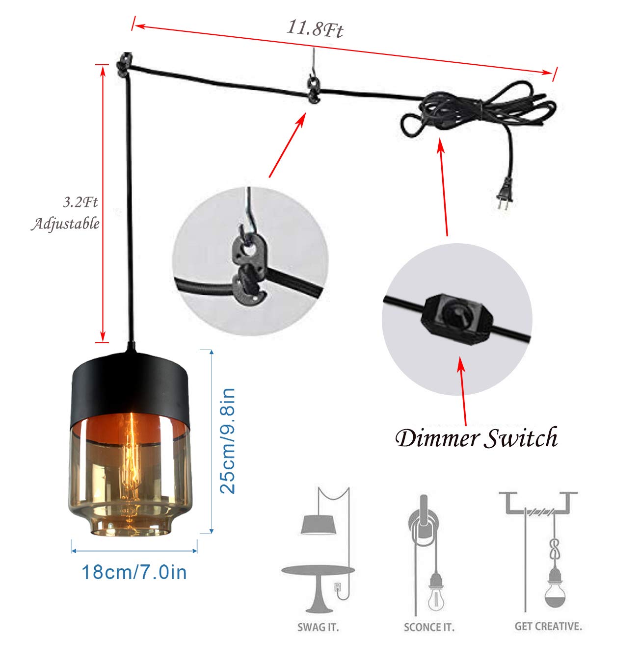 15ft Black Plug-in Dimmer Switch Cord with E26 Lamp Holder - Modern Metal & Glass Pendant Lighting for Loft, Dorm, Corridor, Restaurant - Bulb Not Included - Perfect for Ambient Lighting in Bedrooms, Living Rooms and Dining Areas