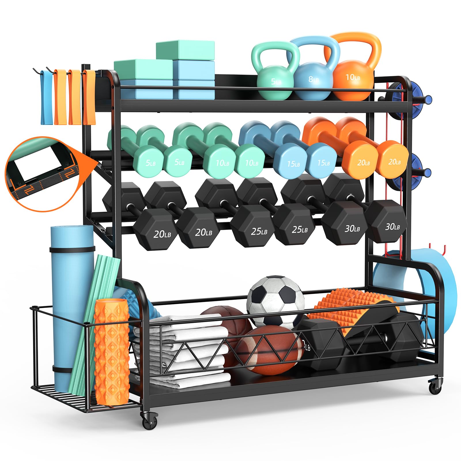 Bonvork XL Adjustable Dumbbell Rack with Wheels - Heavy Duty Home Gym Storage Stand for Dumbbells, Kettlebells, Yoga Mats & Exercise Equipment - Perfect for Garage, Basement & Home Workout Spaces