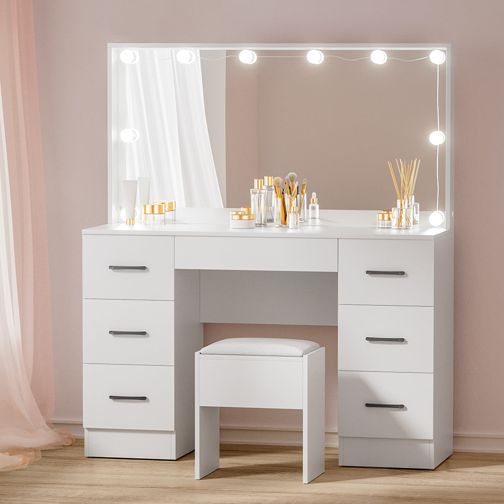 White Debbie Dressing Table Set with Stool and 10 LED Bulbs - Vanity Makeup Desk for Bedroom, Dressing Room & Beauty Salon