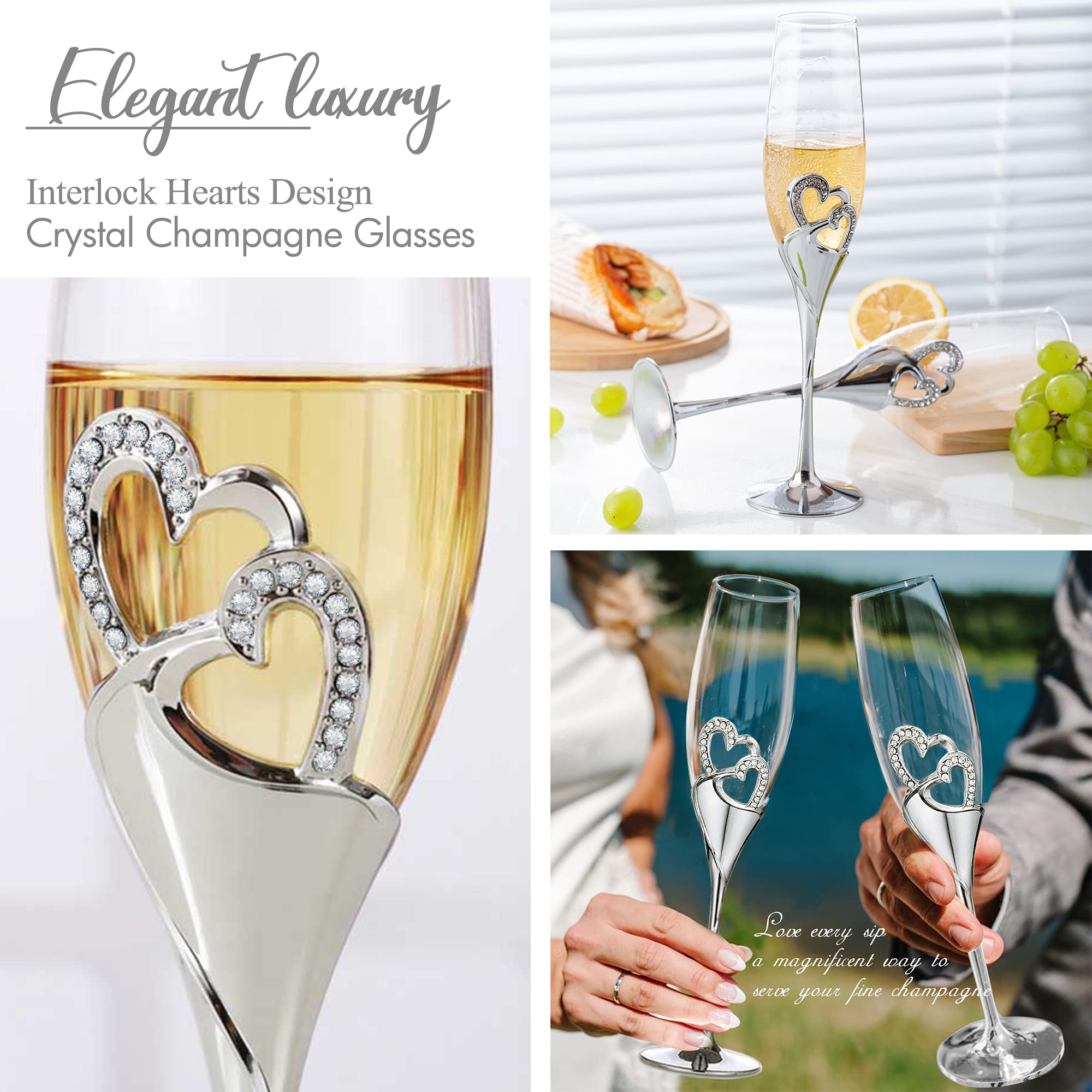 Elegant Wedding Cake Knife and Server Set with Champagne Flutes - Premium Cake Cutting Set for Weddings, Engagements & Anniversaries - Perfect Couples Gift for Wedding Ceremonies, Receptions & Romantic Celebrations