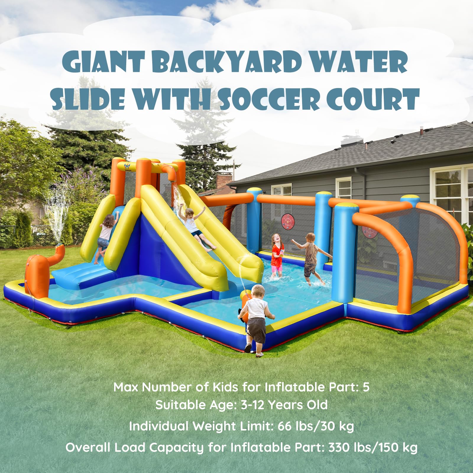 **HONEY JOY Inflatable Water Slide with Soccer Goals - Giant Bounce House for Outdoor Water Park, Splash Pool & Climbing Fun - Blow Up Water Slides for Kids & Adults - Backyard Party & Summer Activities (Includes 735W Blower)**