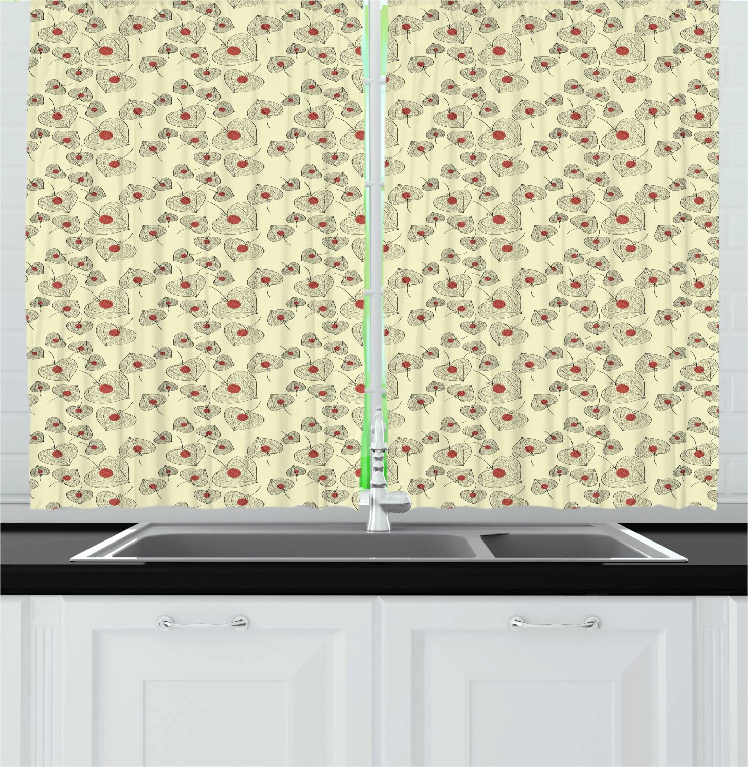 Ambesonne Fruit Print Kitchen Curtains - Exotic Physalis Silhouette Heart Design, 2 Panel Rod Pocket Drapes 55