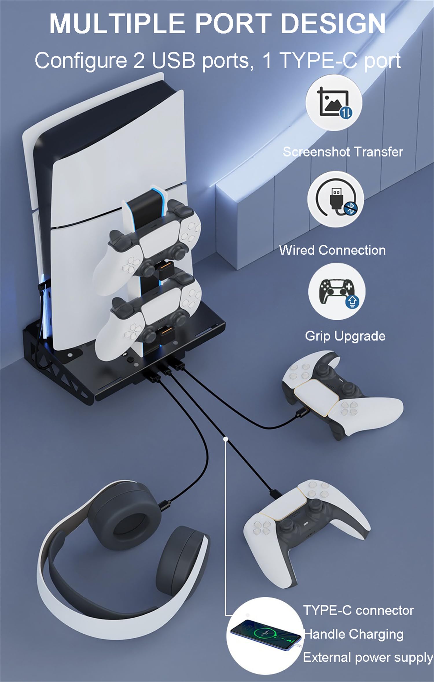 Scosao PS5/PS5 Slim Wall Mount with Charging Station & Cooling System - Steel Wall Mount Bracket for PS5/PS5 Slim (Optical & Digital Edition) - Perfect for Gaming Rooms & Small Spaces