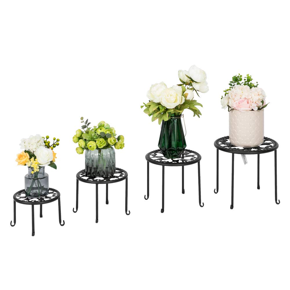4-Pack Black Metal Potted Plant Stands - Round Ironwork Flower Holder Racks for Indoor Outdoor Garden Decor, Balcony, Patio, and Living Room