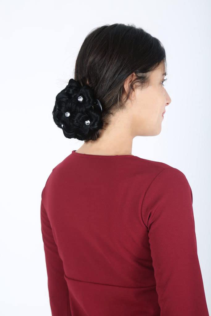 La Belleza Women's Hair Clutchers with Stones - Juda Bun Hair Extension - Artificial Synthetic Hair in Natural Black for Weddings, Parties & Special Occasions