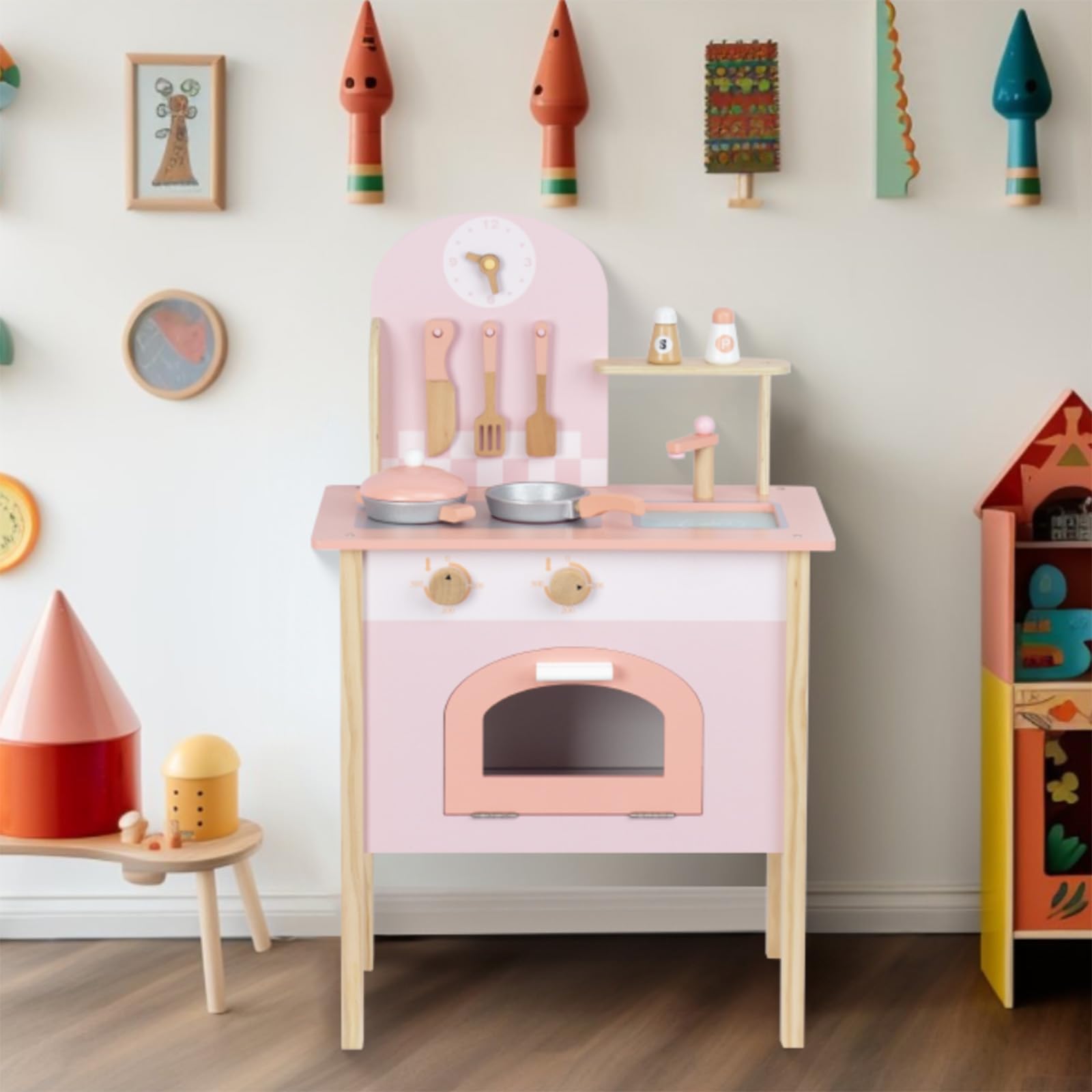 Wooden Pink Kitchen Playset for Kids - Pretend Play Kitchen Utensils & Accessories, Montessori Learning Toy, Pretend Cooking Playset for Girls 3+, Ideal for Home & Preschool Playrooms