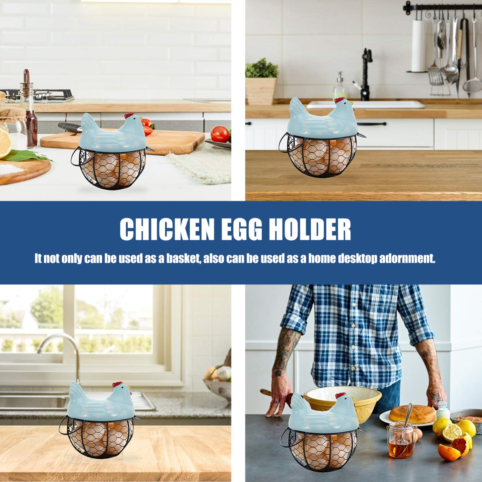 DOITOOL Metal Wire Chicken Egg Basket with Ceramic Lid - Chicken Shaped Fruit Basket & Egg Display Holder - Kitchen Countertop Organizer with Handle - Perfect for Easter Decorations, Farmhouse Kitchen Decor, and Fresh Egg Storage