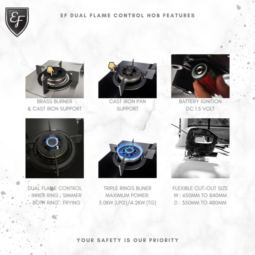 EF EFH3767WT VSB 76cm Built-In Stainless Steel Gas Hob with 2 Wok Burners & 1 Semi-Rapid Burner - Perfect for Home Kitchens and Professional Cooking