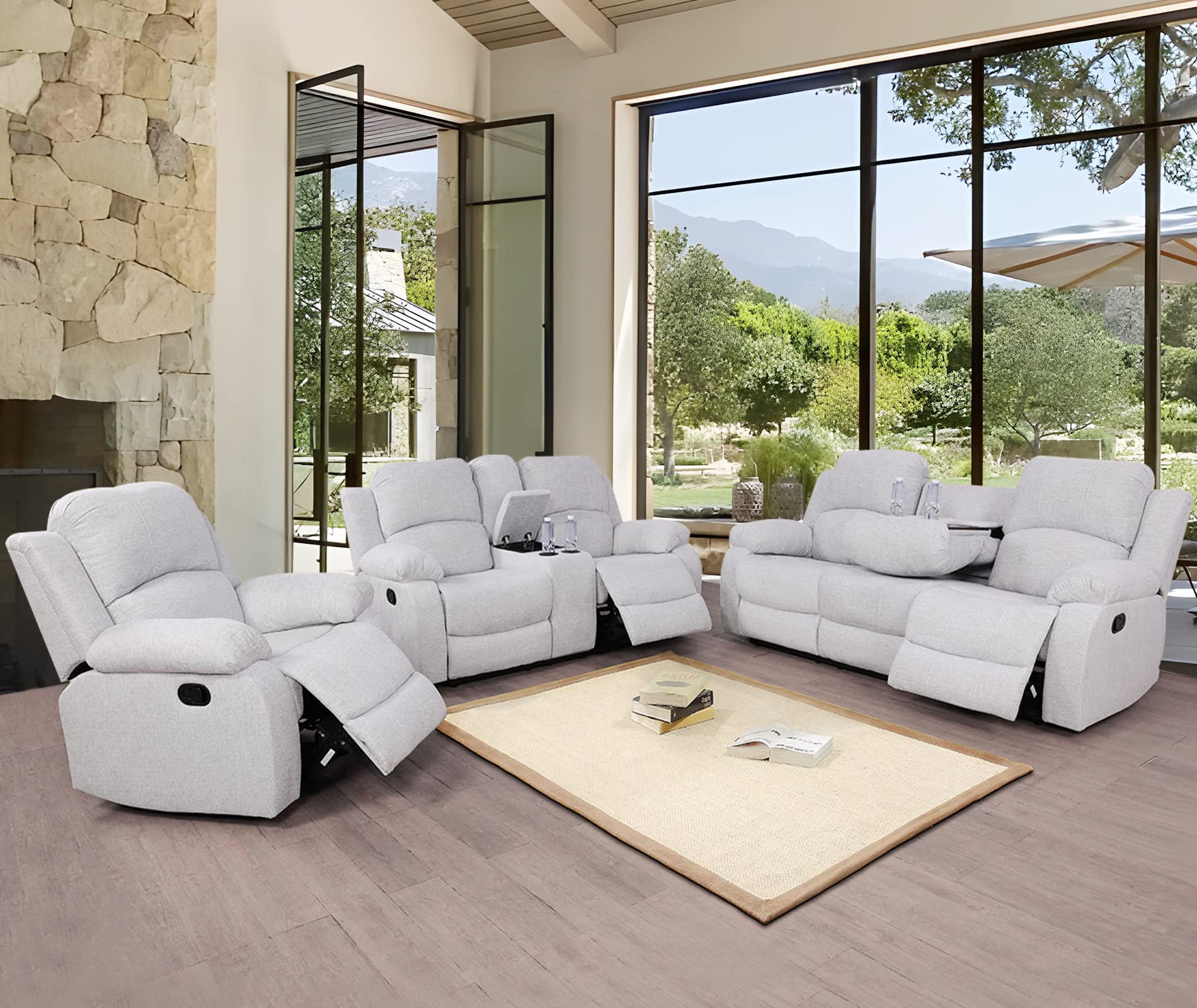 Premium 3-Piece Recliner Sofa Set - Soft Microfiber Fabric, Manual Reclining Mechanism, Grey White - Modern Living Room Furniture for Relaxation & Entertainment Spaces