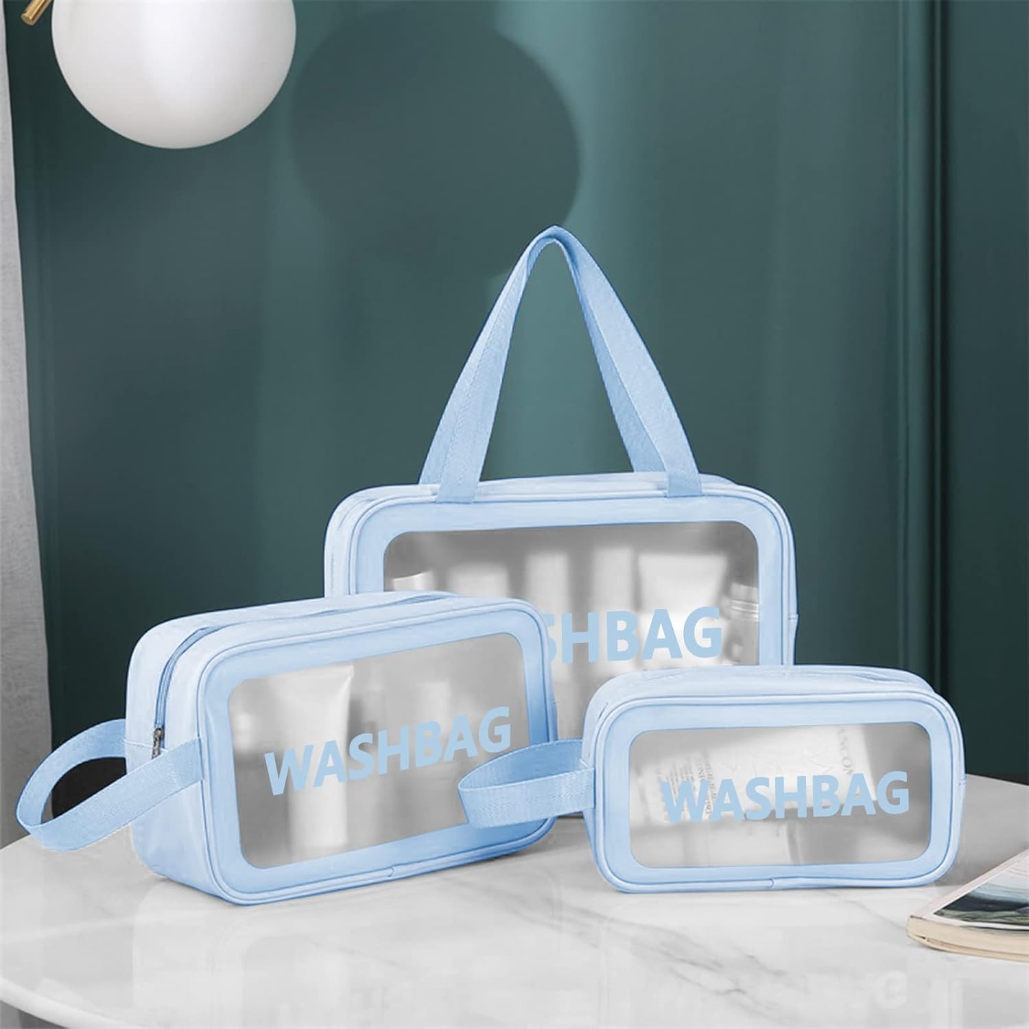 Niwlix 3-Pack Transparent Makeup Pouch Set for Women - Waterproof Travel Toiletry Bag & Cosmetic Organizer (Blue) | Perfect for Air Travel, Gym, Beach Essentials & Daily Beauty Storage