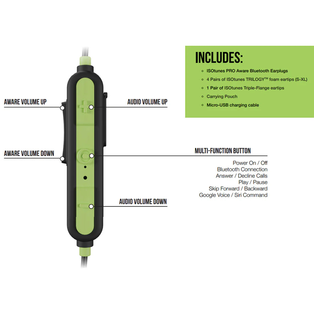 ISOtunes IT 38 PRO Aware Wireless Bluetooth Earbuds - Noise Cancelling Headphones for Work & Safety - Bright Green - Perfect for Construction, Landscaping & Industrial Use