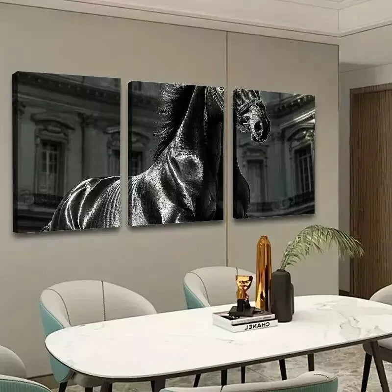 3-Piece Black Horse Black & White Wall Art Set - Framed Canvas Prints 50x70cm - High Quality Australian Made - Ready to Hang - Perfect for Living Room, Bedroom & Office Decor