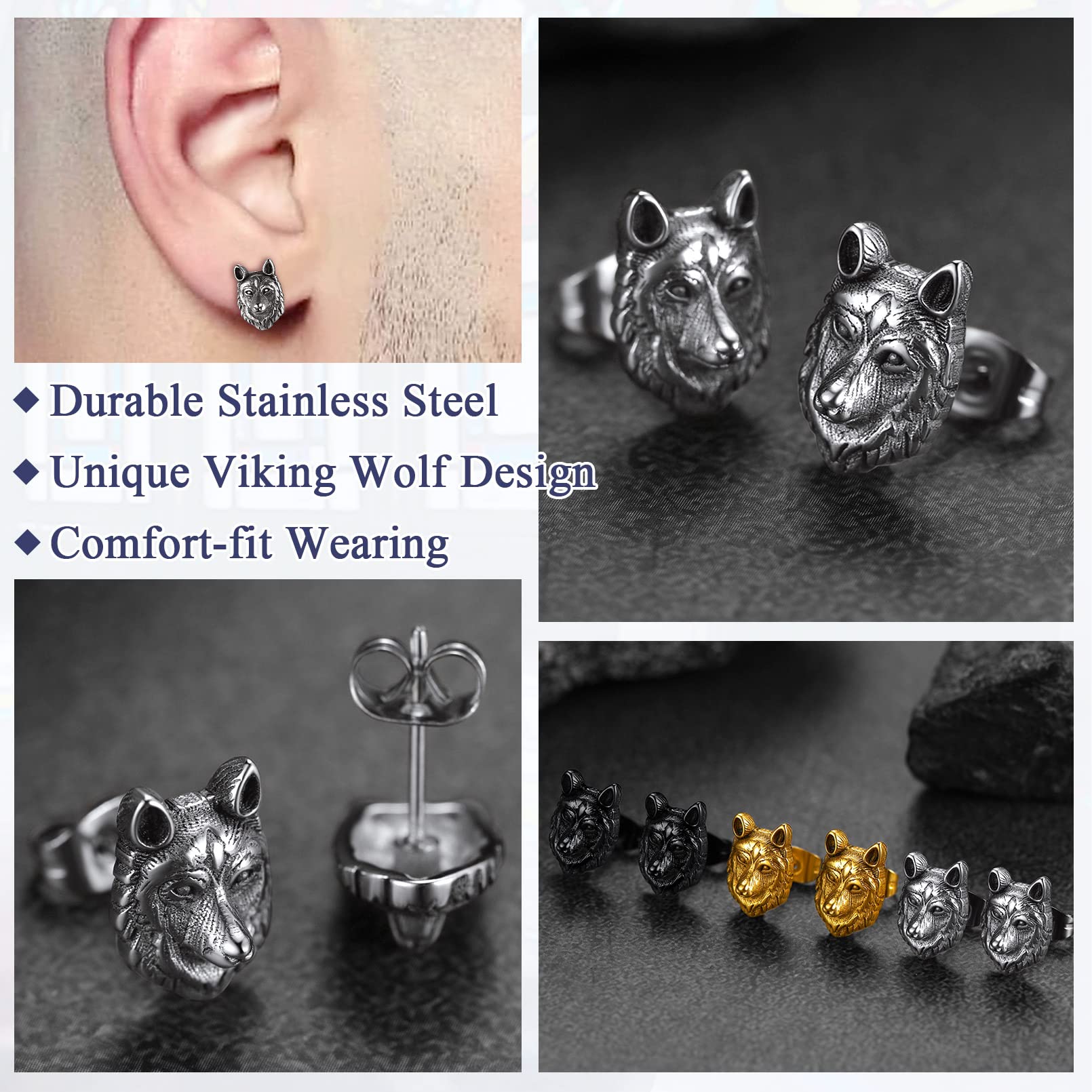 FaithHeart Viking Animal Huggie Hoop Earrings for Men - Gothic Dragon/Snake/Dinosaur/Wolf Stainless Steel Stud Earrings | Hypoallergenic, Lightweight Punk Rock Jewelry | Perfect Gift for Bikers, Rockers & Gothic Fashion Lovers
