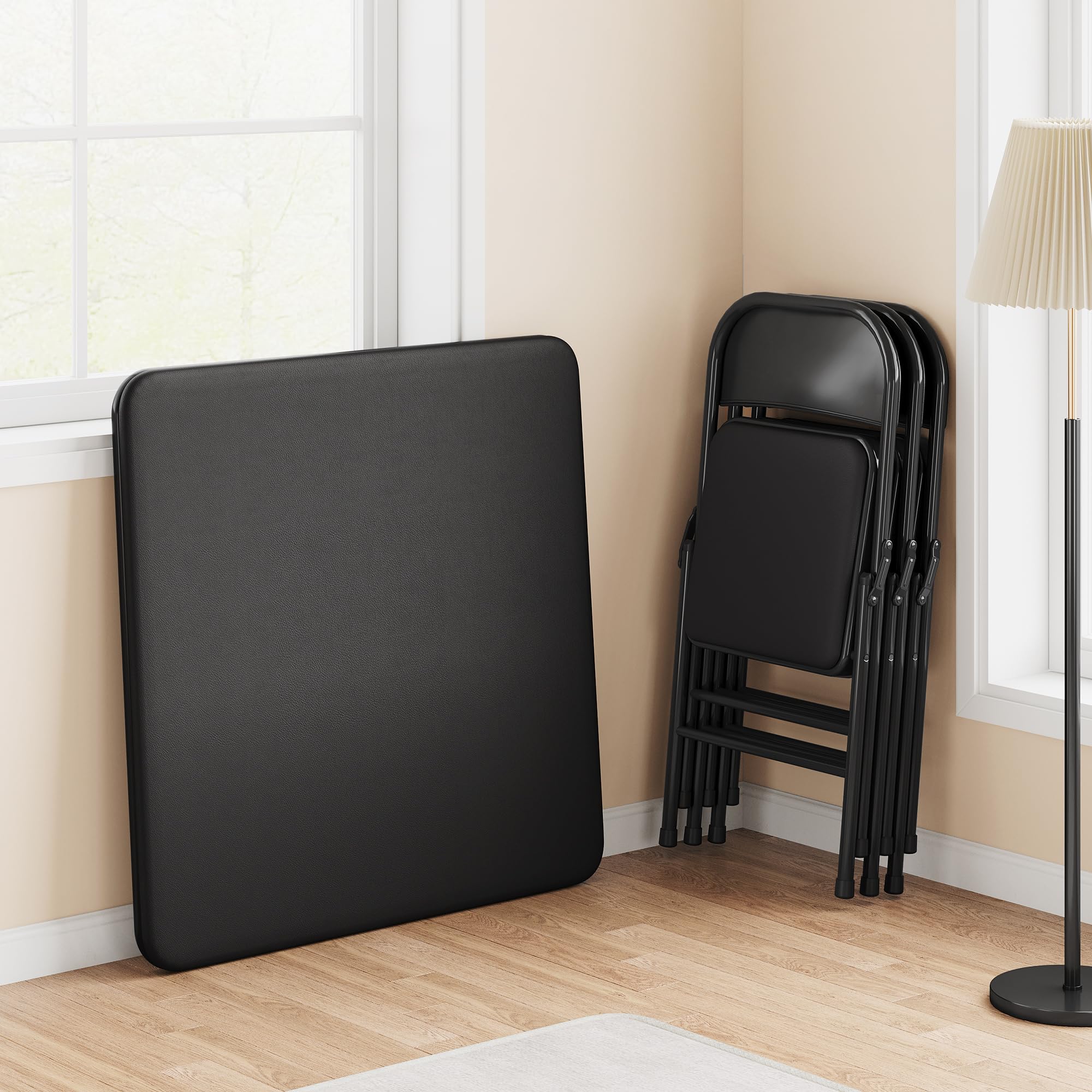 Portable Folding Card Table and 4 Chairs Set - PU Upholstered Metal Frame Foldable Dining Furniture for Home, Office, Camping & Outdoor Use - Black (Perfect for Game Nights, BBQs, and Small Space Living)