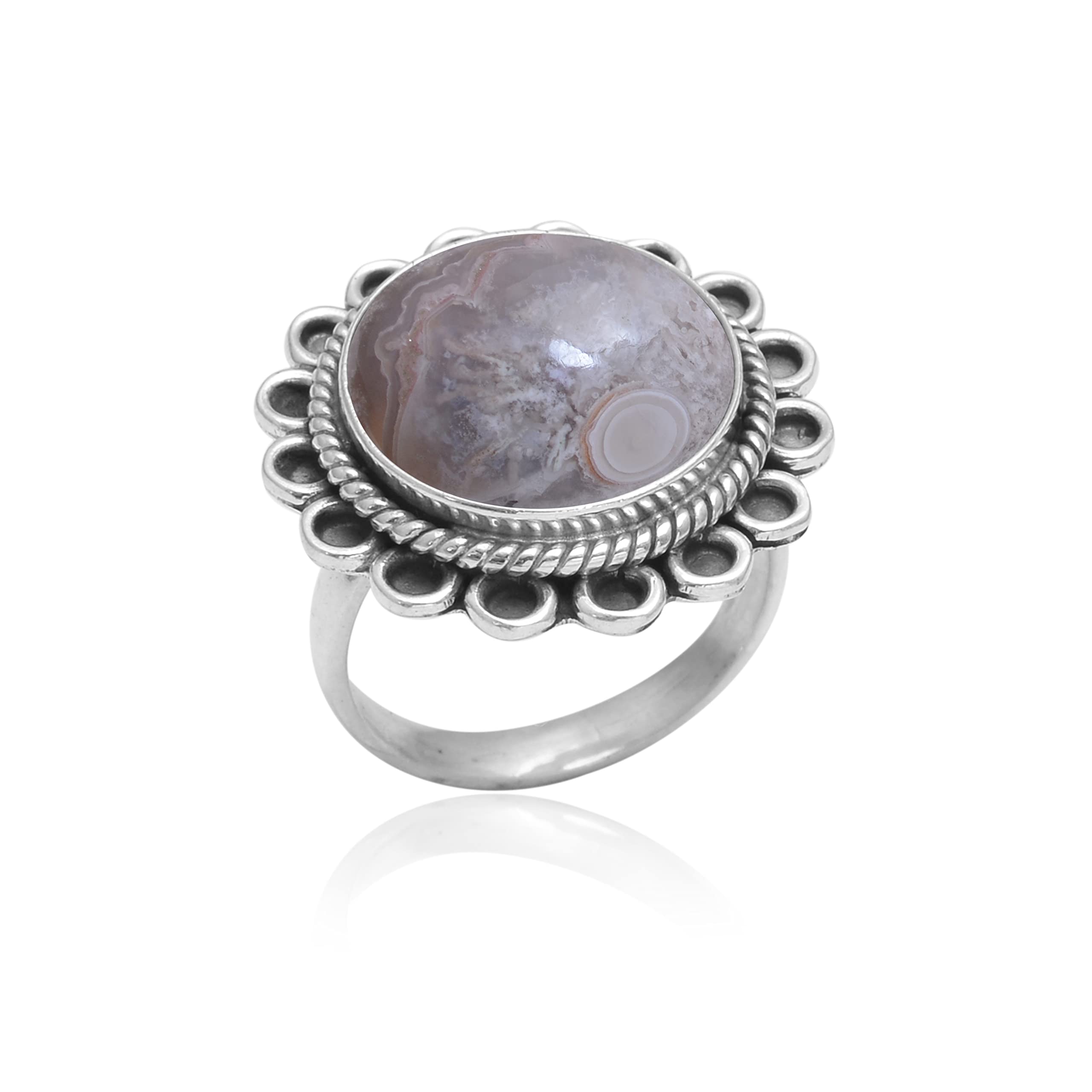 Veracity Jewelry Crazy Lace Agate Rings for Women - 925 Sterling Silver Healing Meditation Rings with Natural Brown White Gemstone - VSR-670 | Spiritual Jewelry, Yoga Accessories, Gift for Her